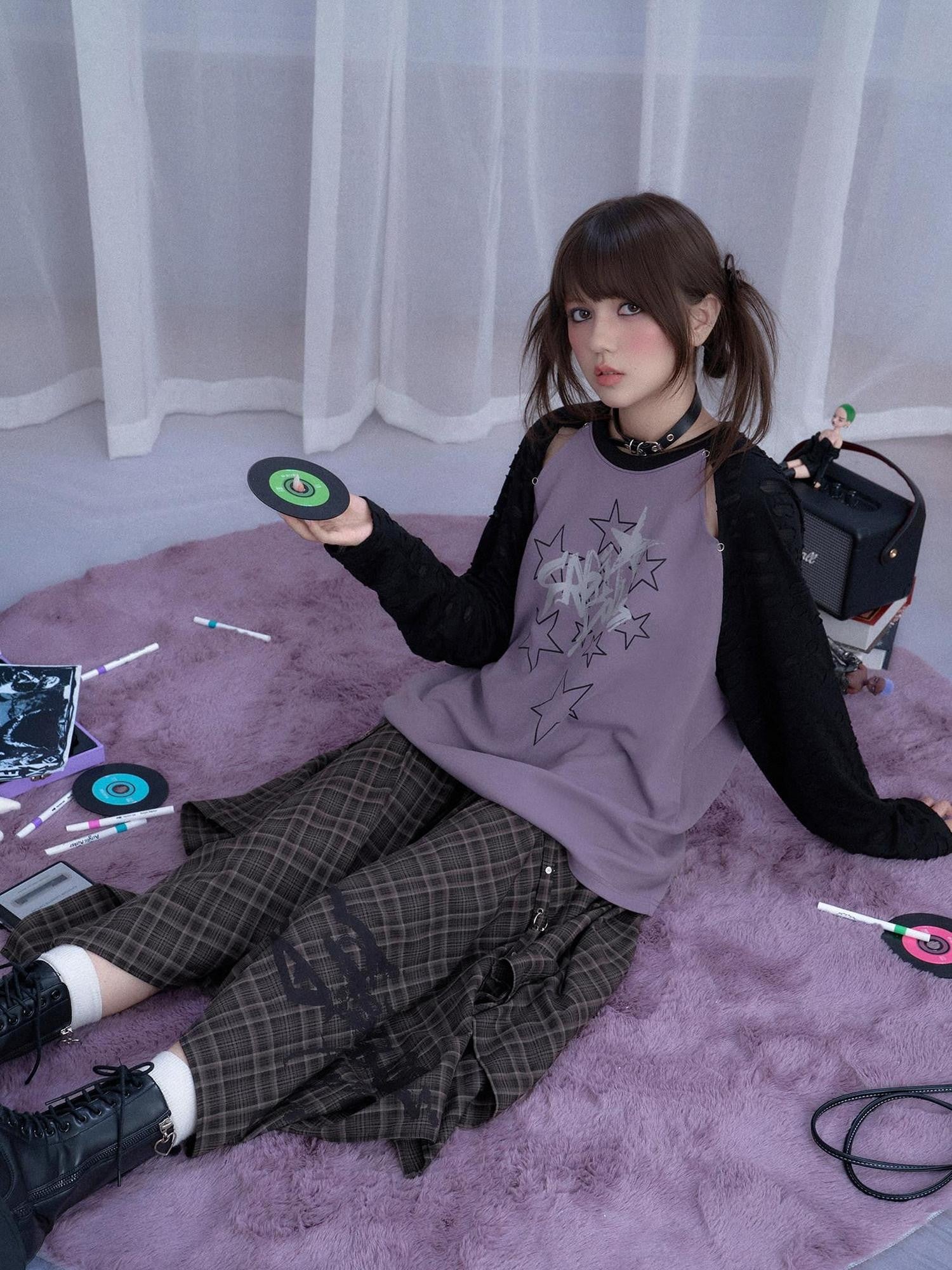 SagiDolls Black Purple Star Print Cutout Raglan Women's Cotton Blend Oversized T-shirts