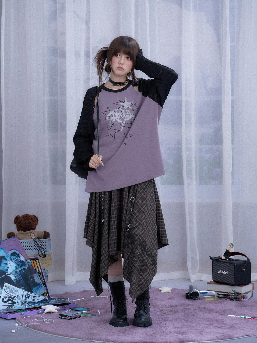SagiDolls Black Purple Star Print Cutout Raglan Women's Cotton Blend Oversized T-shirts