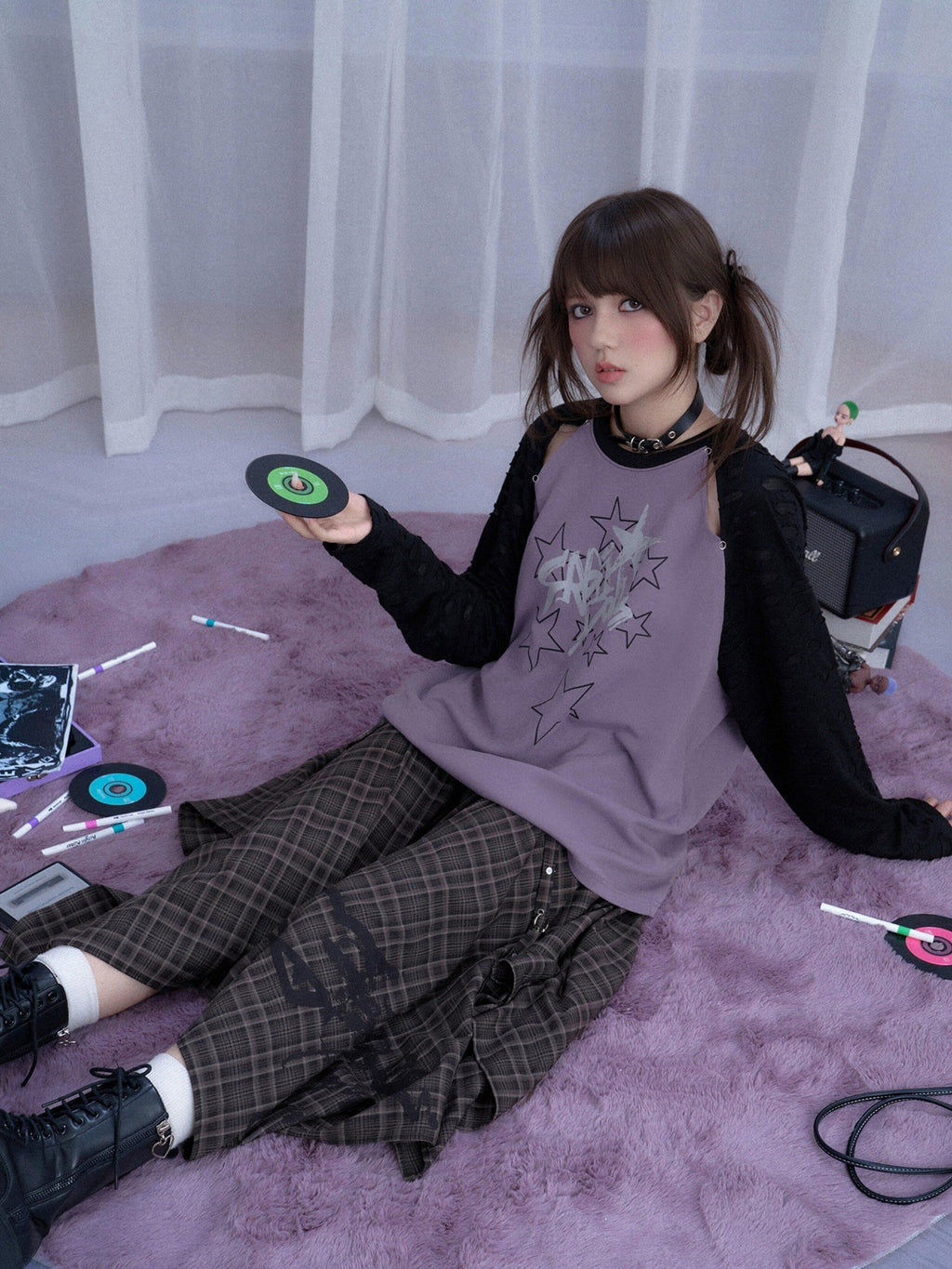 SagiDolls Black Purple Star Print Cutout Raglan Women's Cotton Blend Oversized T-shirts