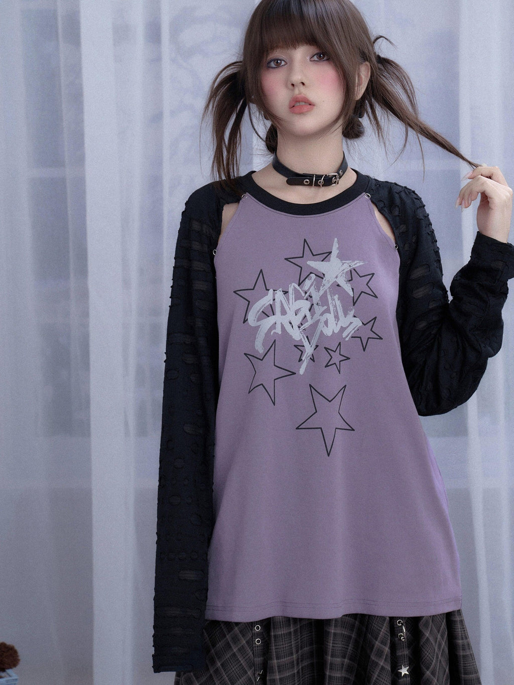 SagiDolls Black Purple Star Print Cutout Raglan Women's Cotton Blend Oversized T-shirts