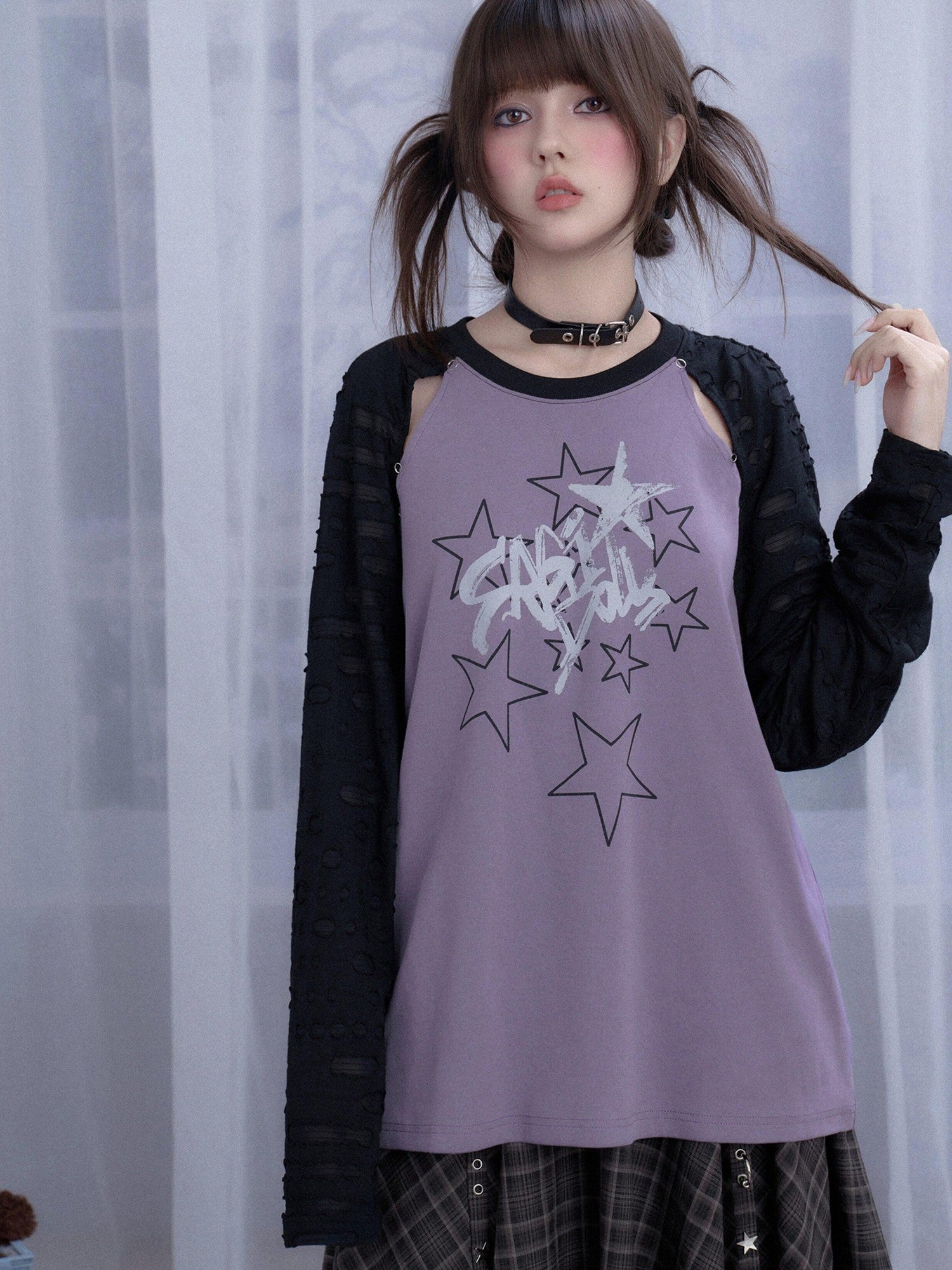 SagiDolls Black Purple Star Print Cutout Raglan Women's Cotton Blend Oversized T-shirts
