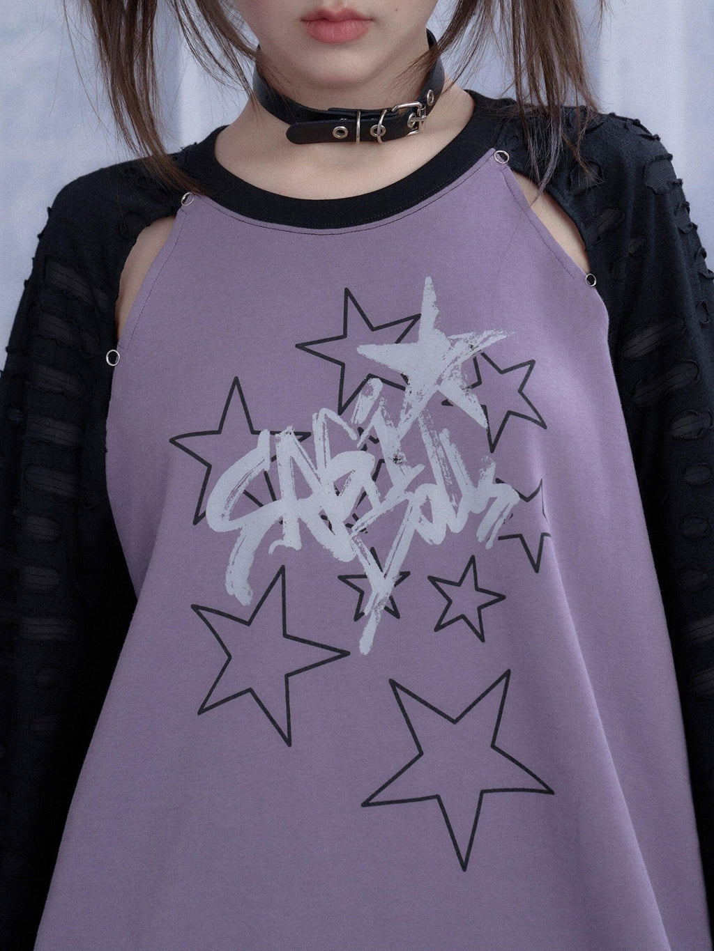SagiDolls Black Purple Star Print Cutout Raglan Women's Cotton Blend Oversized T-shirts