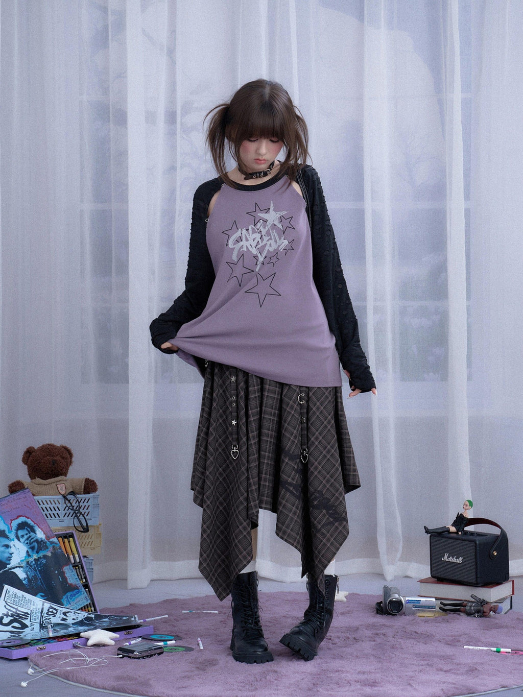 SagiDolls Black Purple Star Print Cutout Raglan Women's Cotton Blend Oversized T-shirts