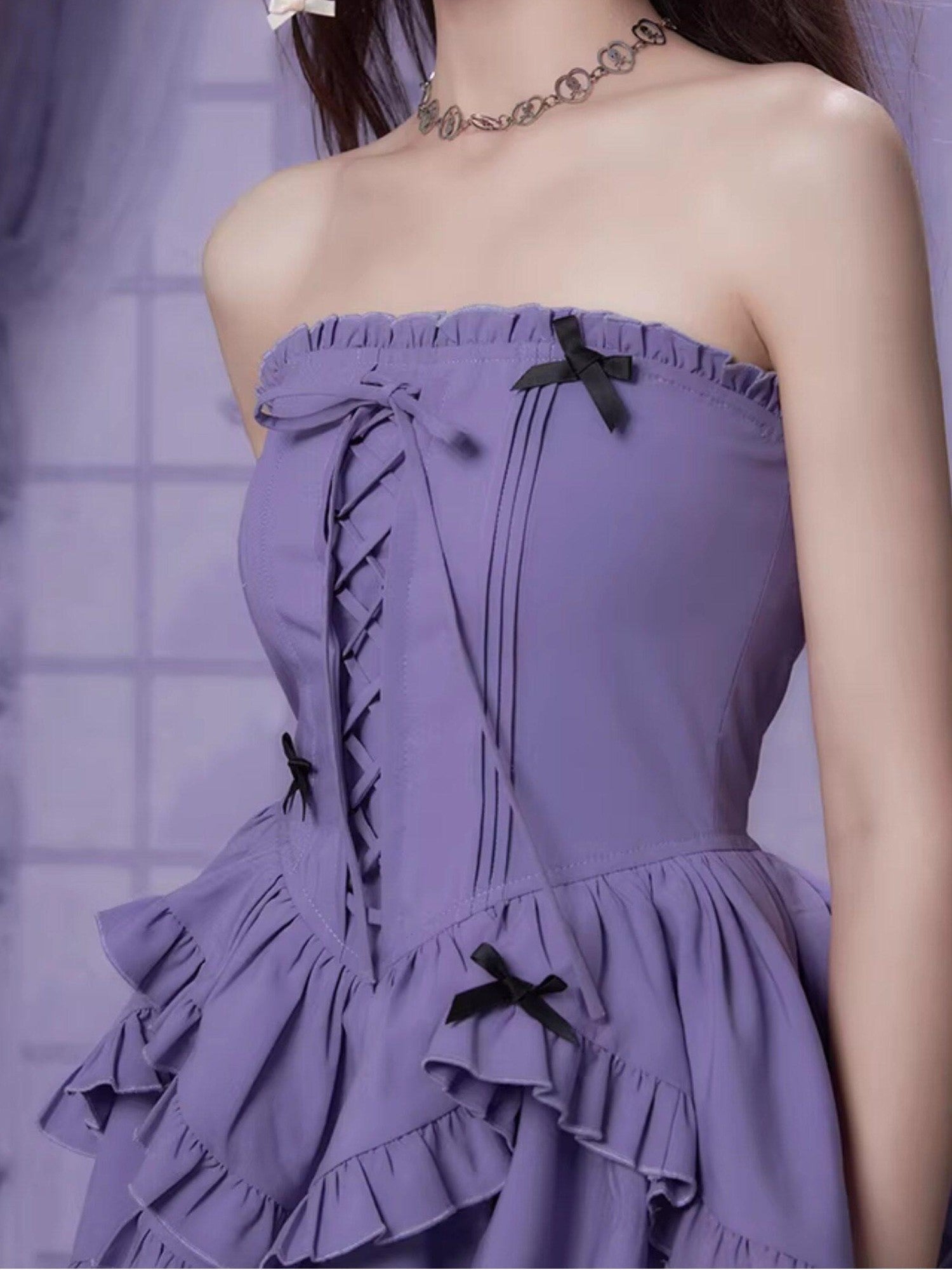 SagiDolls Black Purple Strapless Lace Up Tiered High Waist Women's Corset Mini Dresses