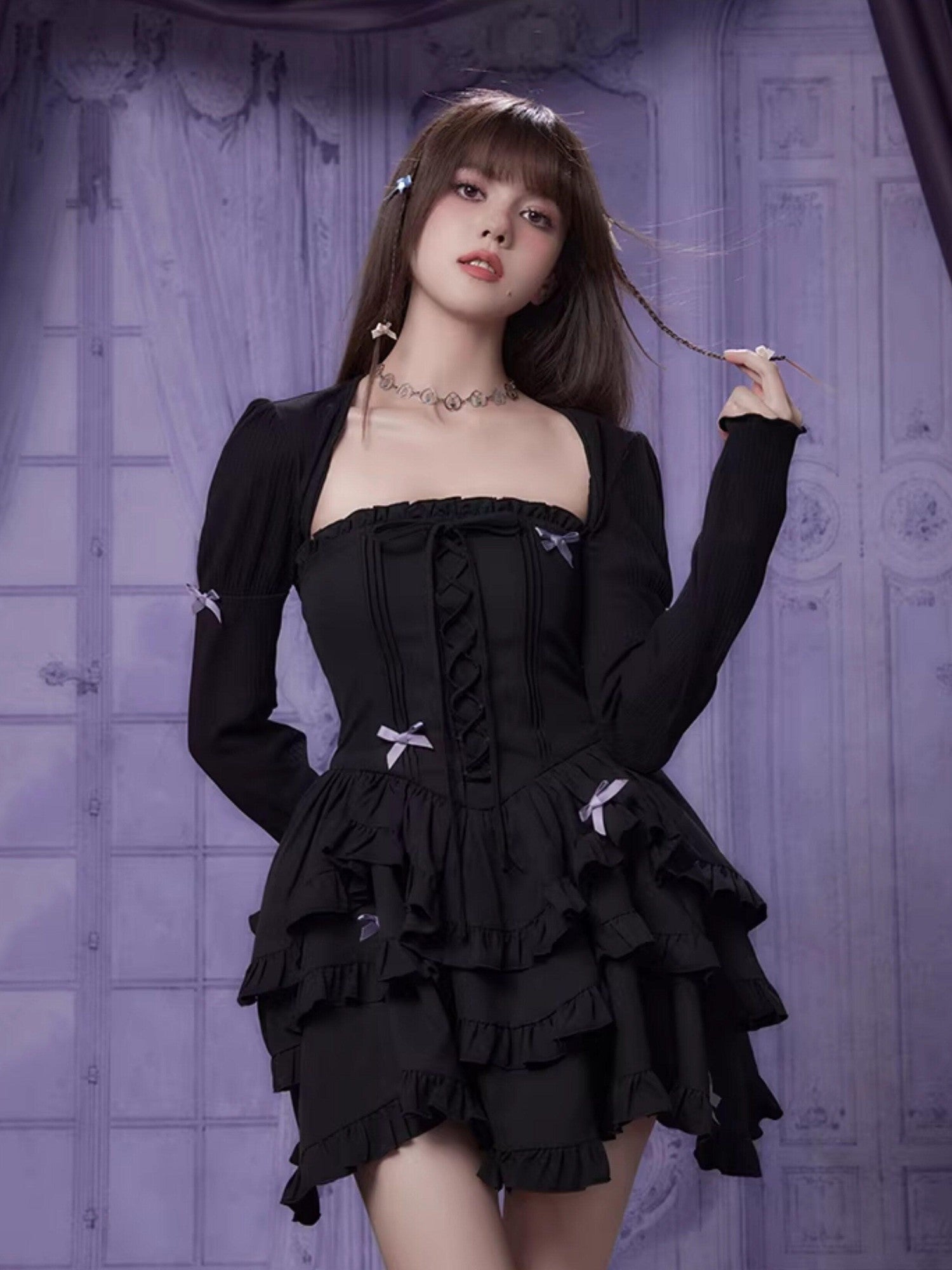SagiDolls Black Purple Strapless Lace Up Tiered High Waist Women's Corset Mini Dresses