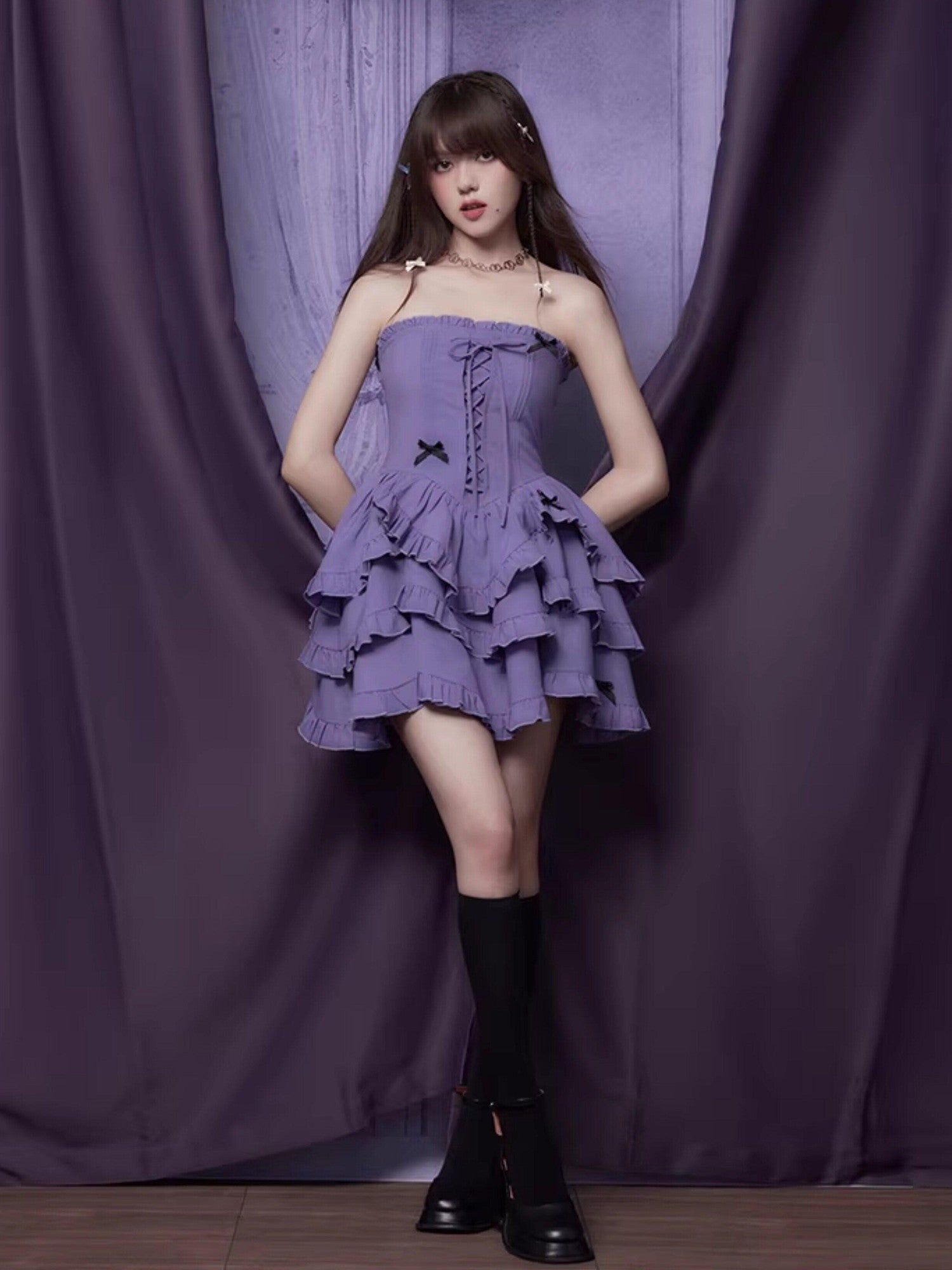 SagiDolls Black Purple Strapless Lace Up Tiered High Waist Women's Corset Mini Dresses