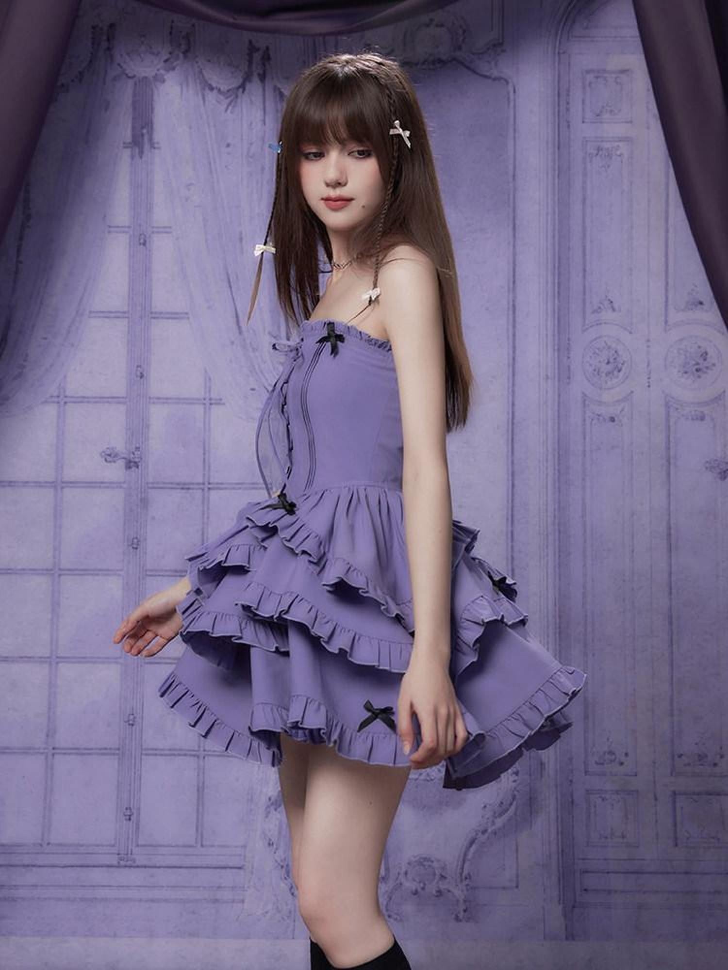 SagiDolls Black Purple Strapless Lace Up Tiered High Waist Women's Corset Mini Dresses