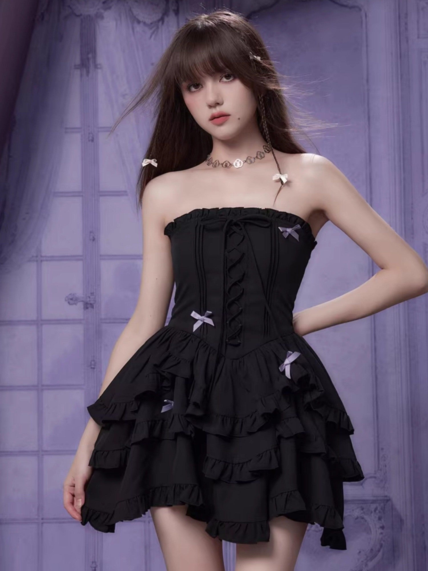 SagiDolls Black Purple Strapless Lace Up Tiered High Waist Women's Corset Mini Dresses