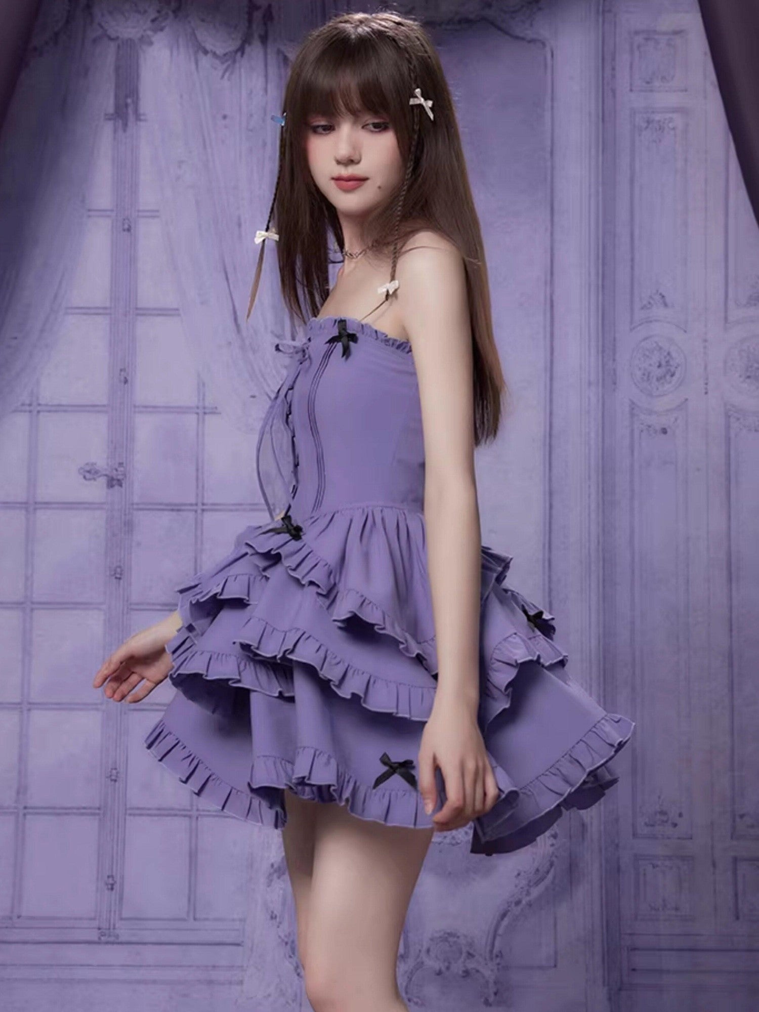 SagiDolls Black Purple Strapless Lace Up Tiered High Waist Women's Corset Mini Dresses