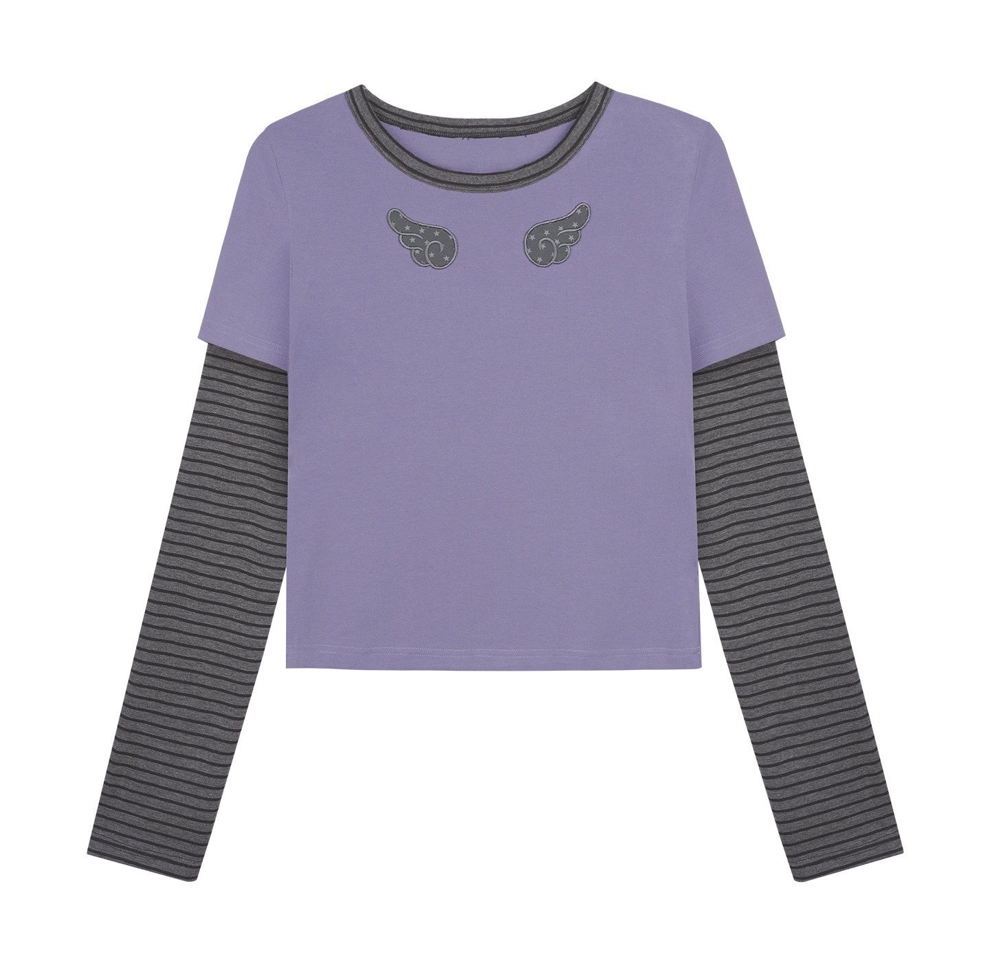 SagiDolls_Black_Purple_Stripe_Wing_Embroidery_Faux_Two_Piece_Women's_Long_Sleeve_T-shirts_989286910732_MISSTT