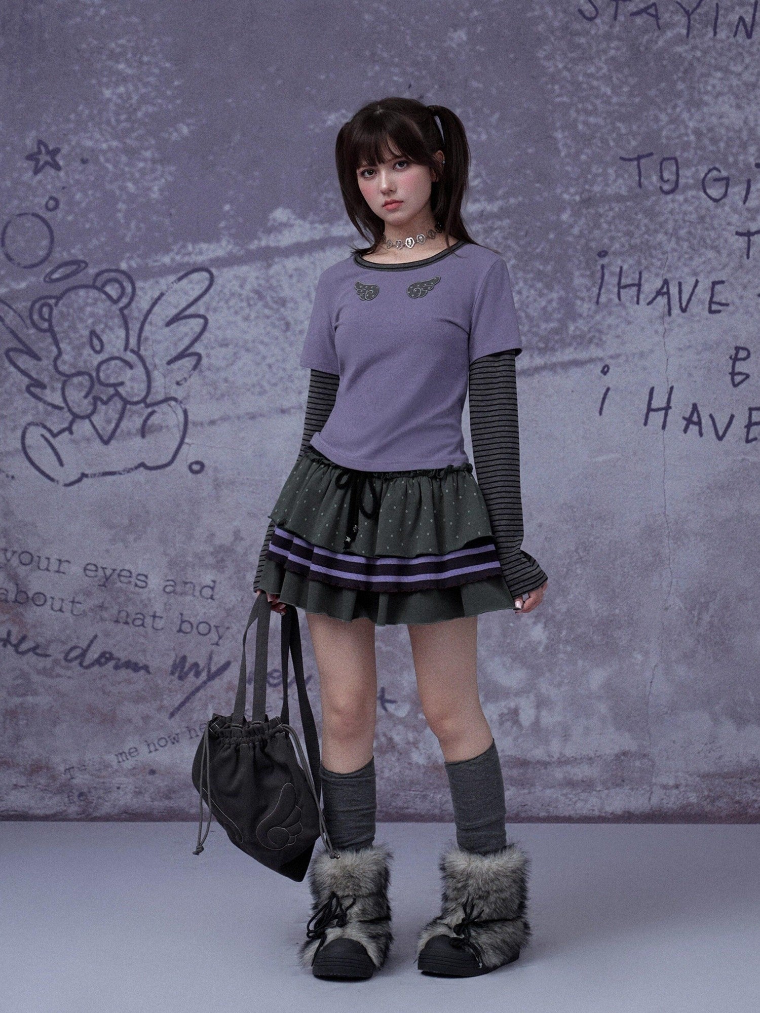 SagiDolls Black Purple Stripe Wing Embroidery Faux Two Piece Women's Long Sleeve T-shirts