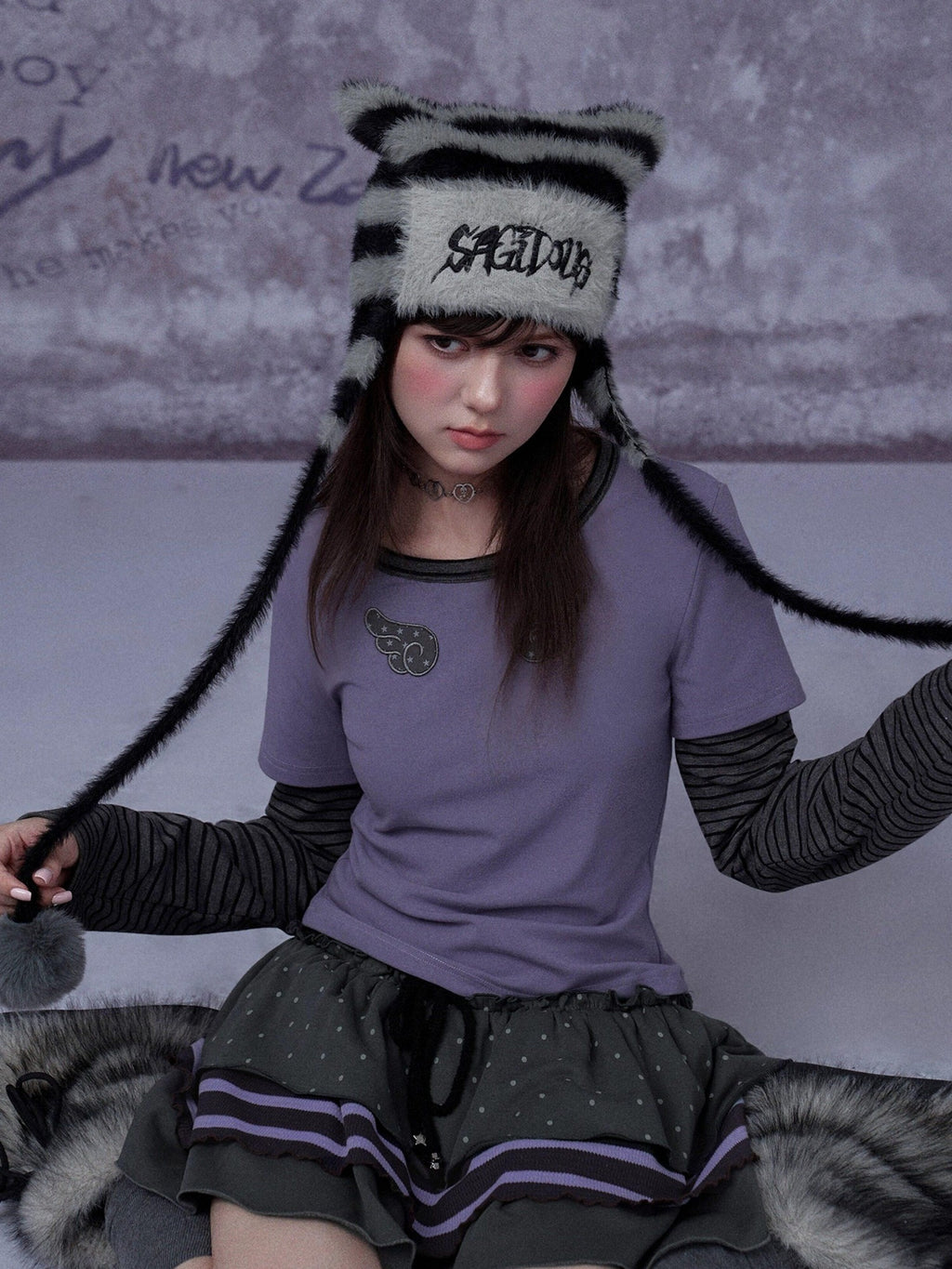 SagiDolls Black Purple Stripe Wing Embroidery Faux Two Piece Women's Long Sleeve T-shirts
