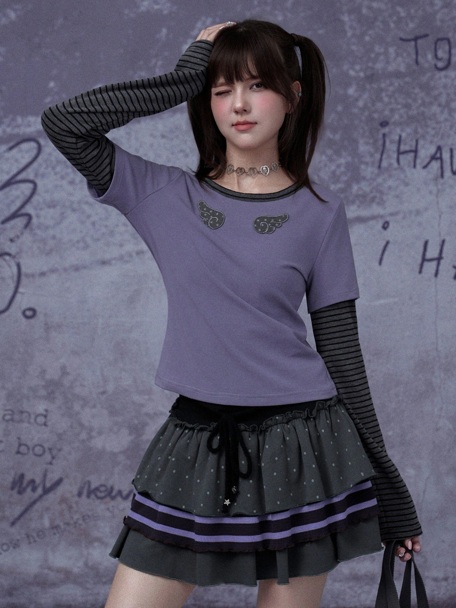 SagiDolls Black Purple Stripe Wing Embroidery Faux Two Piece Women's Long Sleeve T-shirts