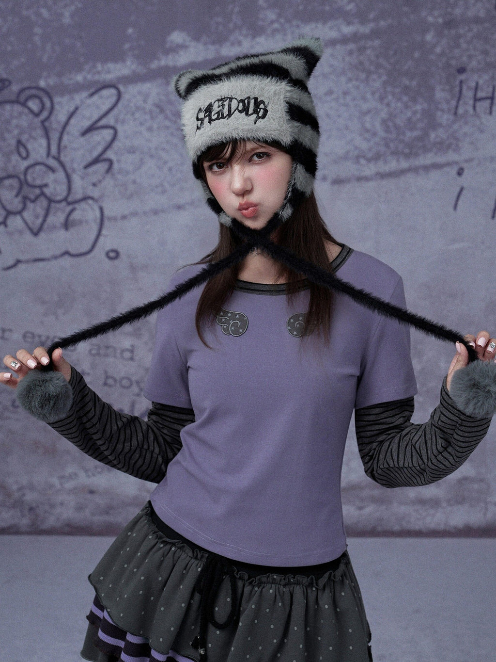 SagiDolls Black Purple Stripe Wing Embroidery Faux Two Piece Women's Long Sleeve T-shirts