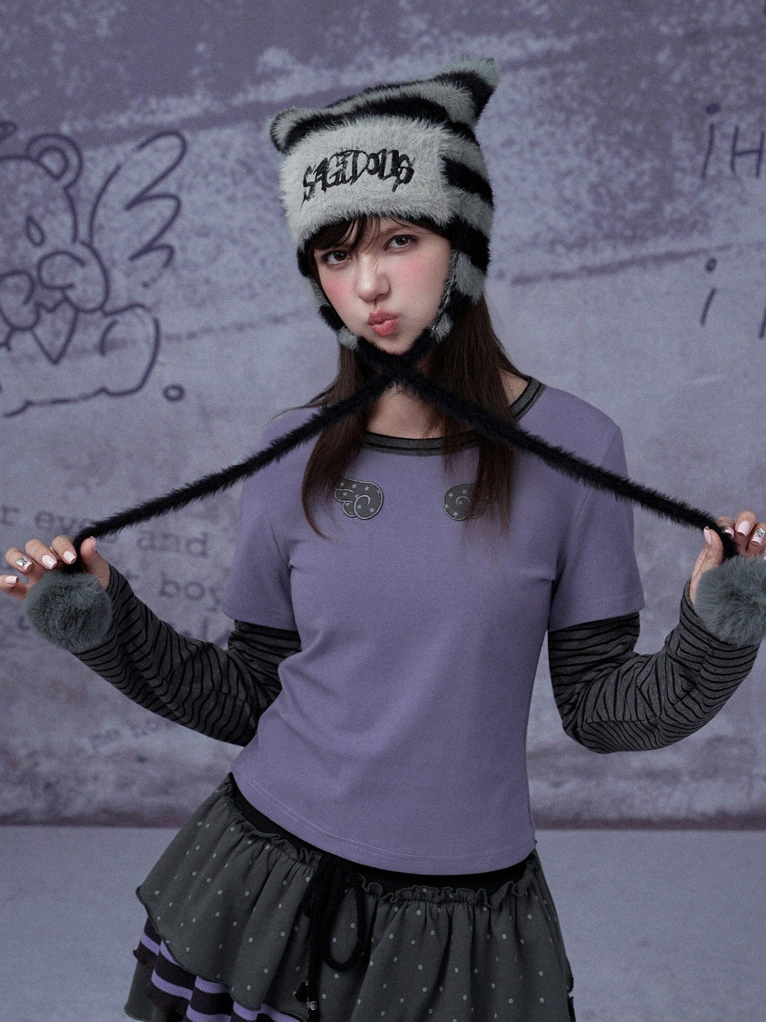 SagiDolls Black Purple Stripe Wing Embroidery Faux Two Piece Women's Long Sleeve T-shirts