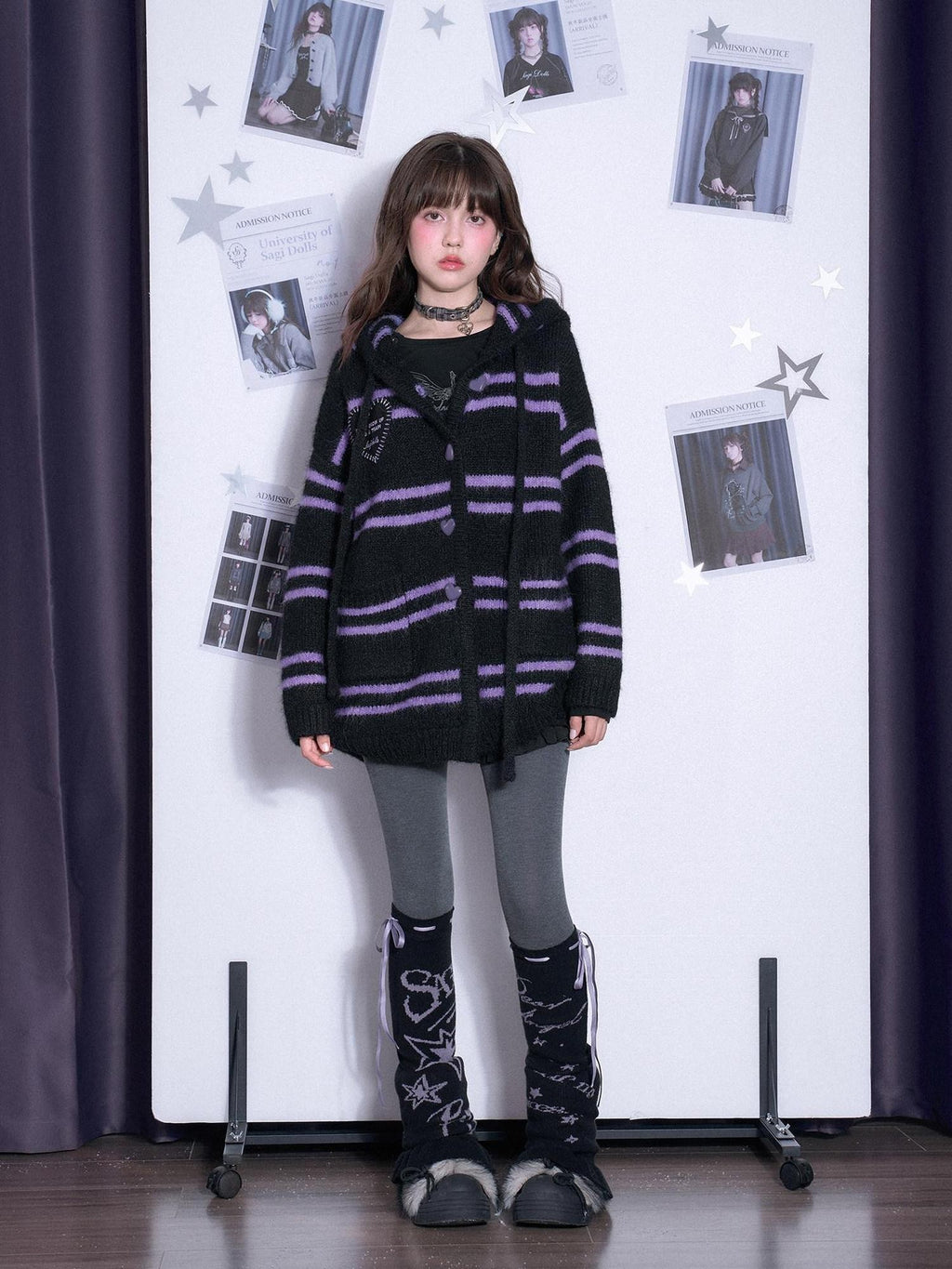 SagiDolls Black Purple Striped Hooded Pocket Longline Knit Women's Sweaters
