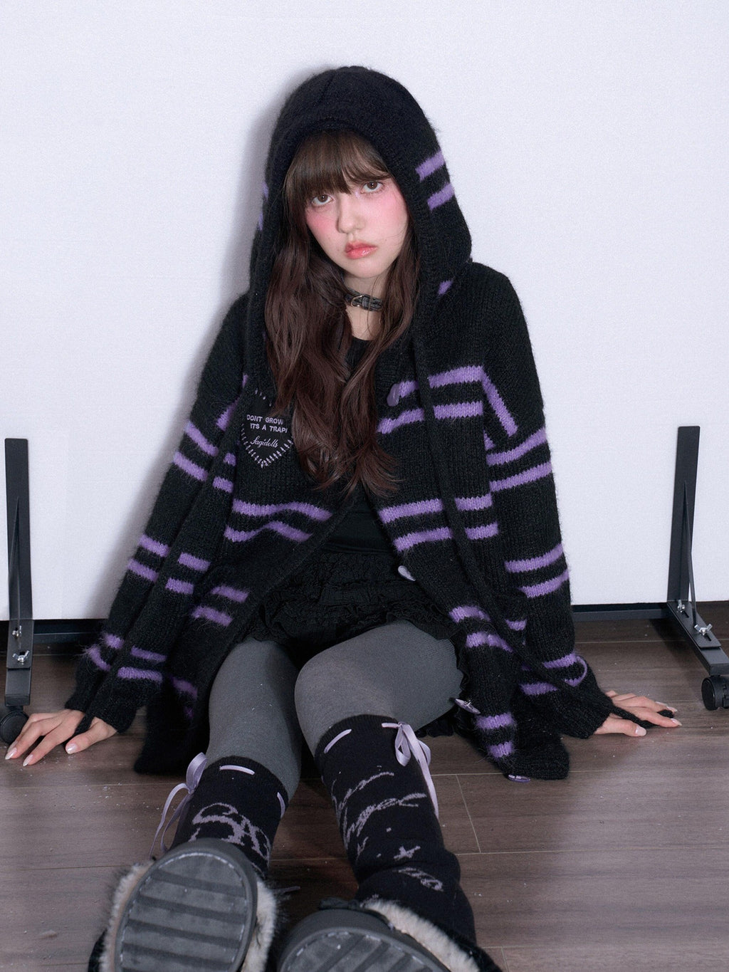 SagiDolls Black Purple Striped Hooded Pocket Longline Knit Women's Sweaters