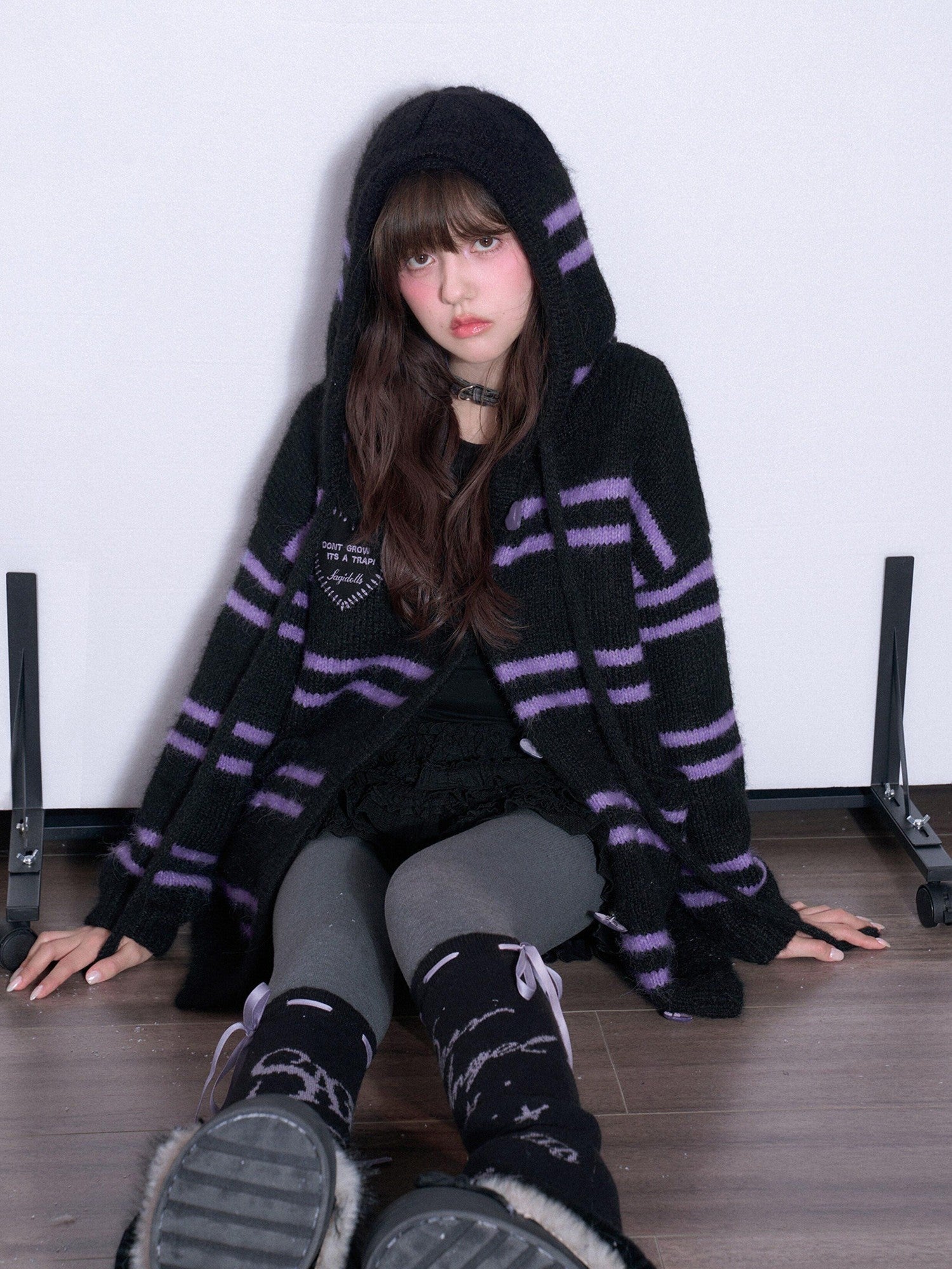 SagiDolls Black Purple Striped Hooded Pocket Longline Knit Women's Sweaters