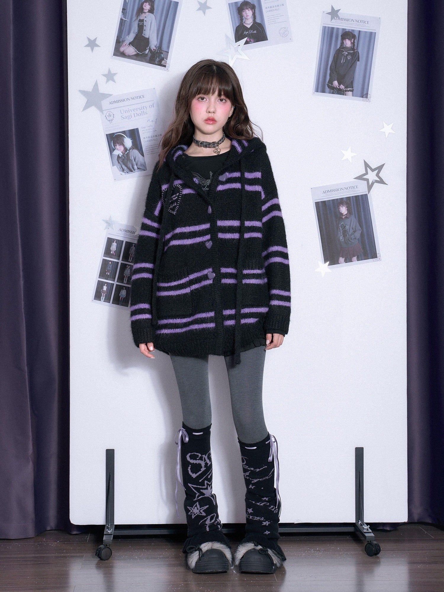 SagiDolls Black Purple Striped Hooded Pocket Longline Knit Women's Sweaters