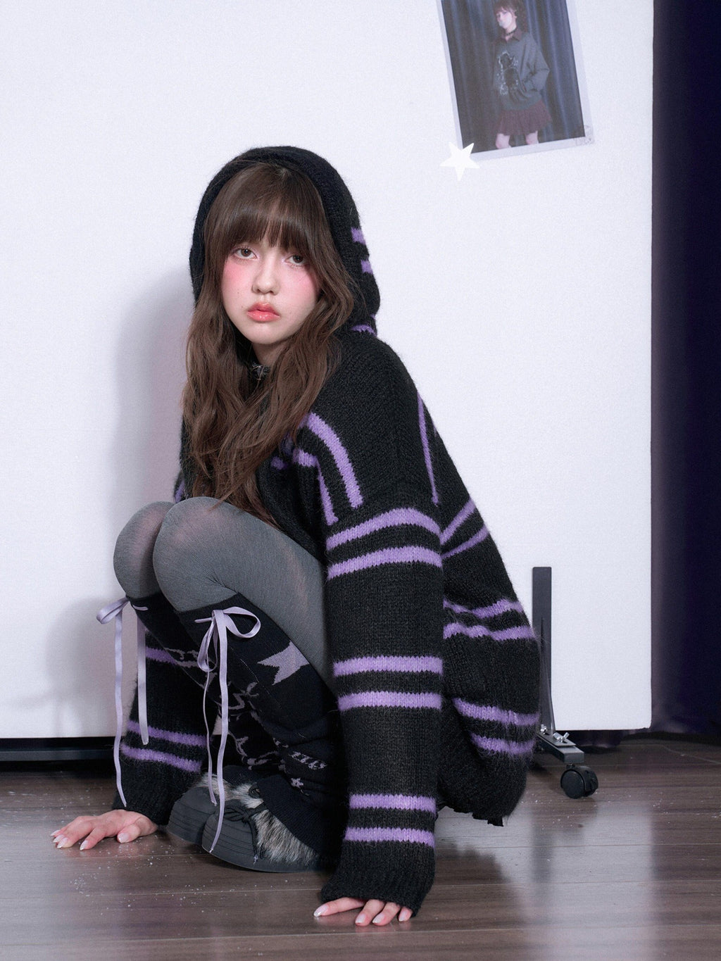 SagiDolls Black Purple Striped Hooded Pocket Longline Knit Women's Sweaters