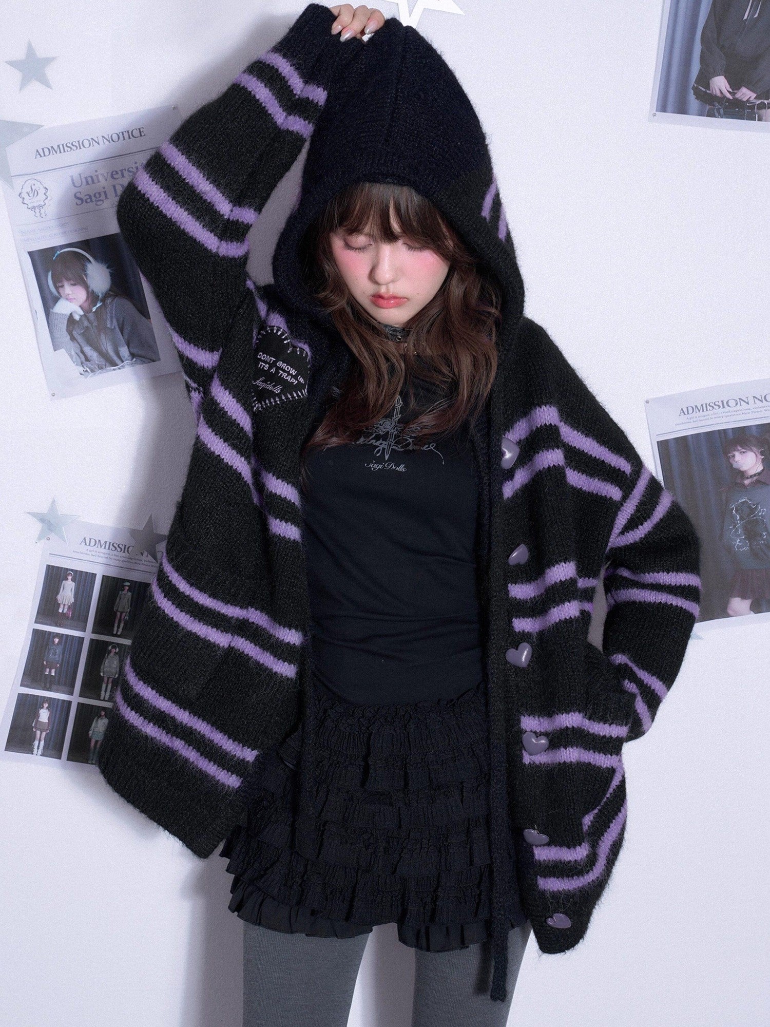SagiDolls Black Purple Striped Hooded Pocket Longline Knit Women's Sweaters