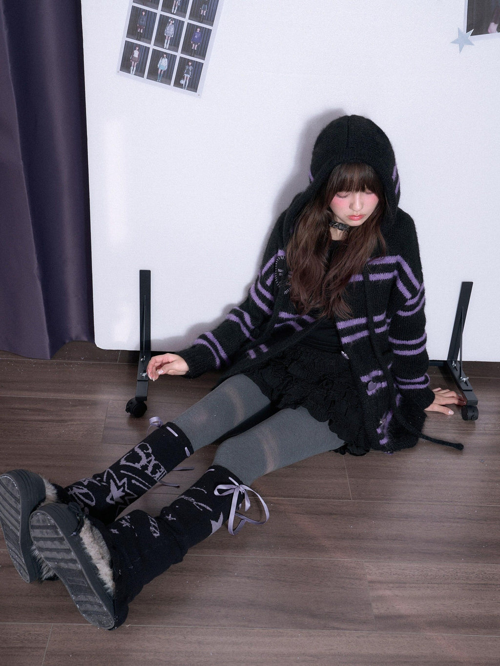 SagiDolls Black Purple Striped Hooded Pocket Longline Knit Women's Sweaters