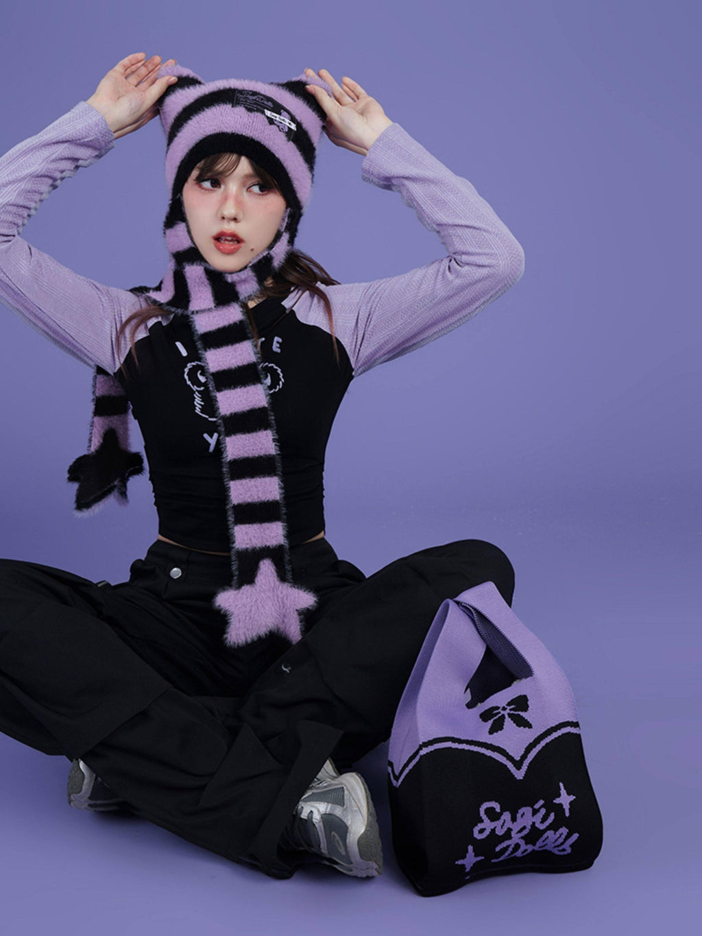 SagiDolls Black Purple Striped Star Knit Scarf Warm Women's Nylon Beanies