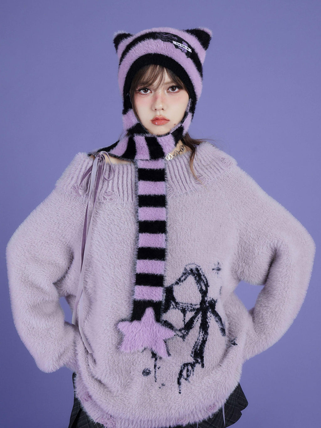 SagiDolls Black Purple Striped Star Knit Scarf Warm Women's Nylon Beanies