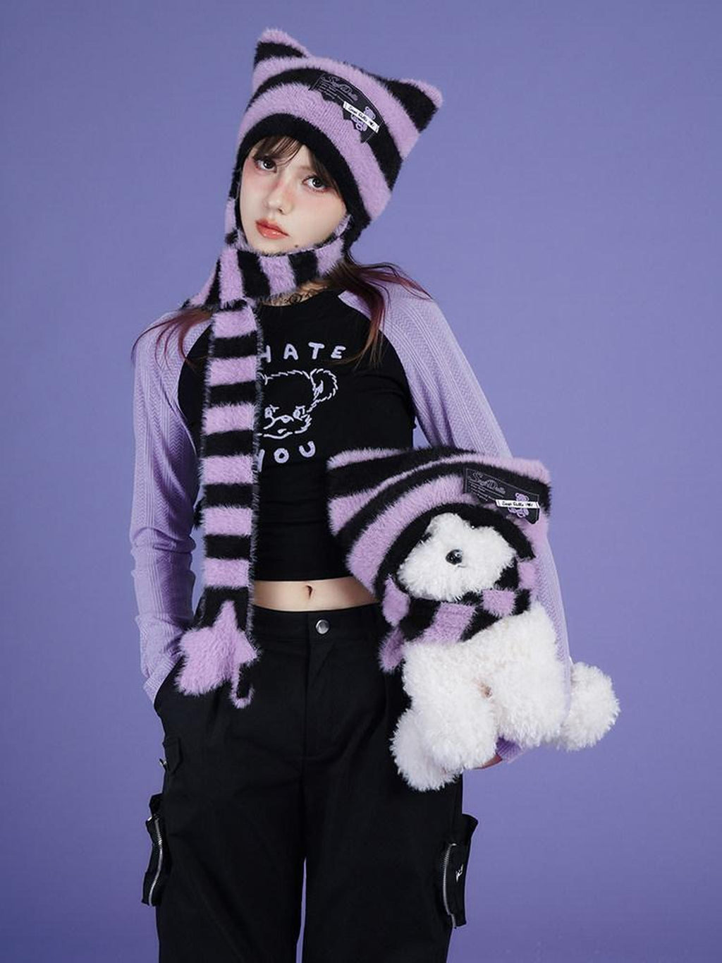 SagiDolls Black Purple Striped Star Knit Scarf Warm Women's Nylon Beanies