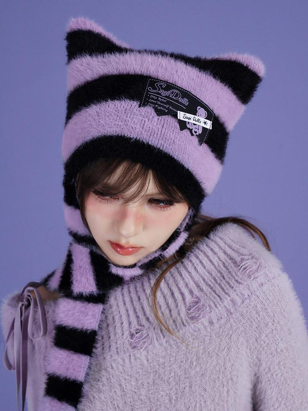 SagiDolls Black Purple Striped Star Knit Scarf Warm Women's Nylon Beanies