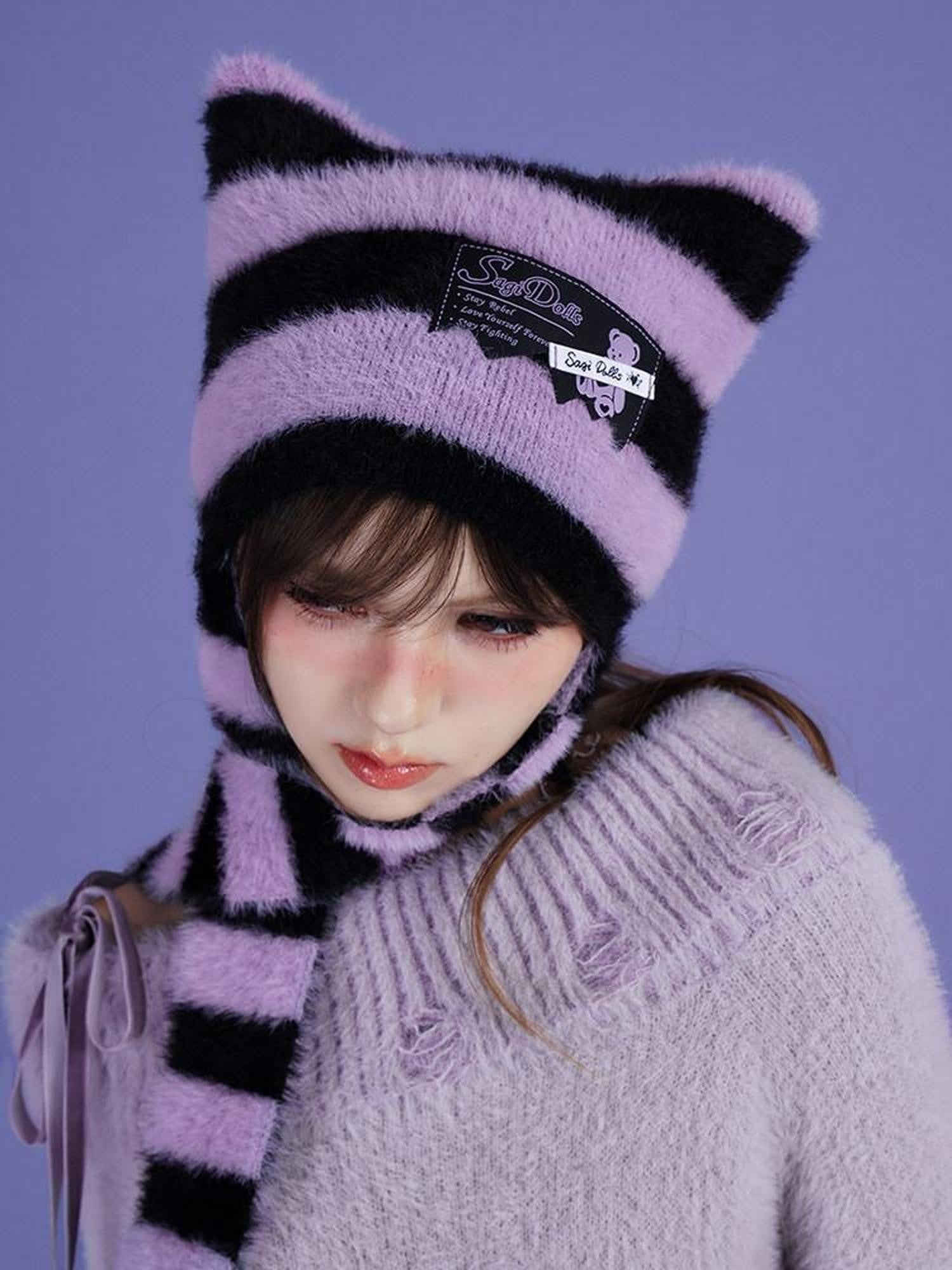 SagiDolls Black Purple Striped Star Knit Scarf Warm Women's Nylon Beanies