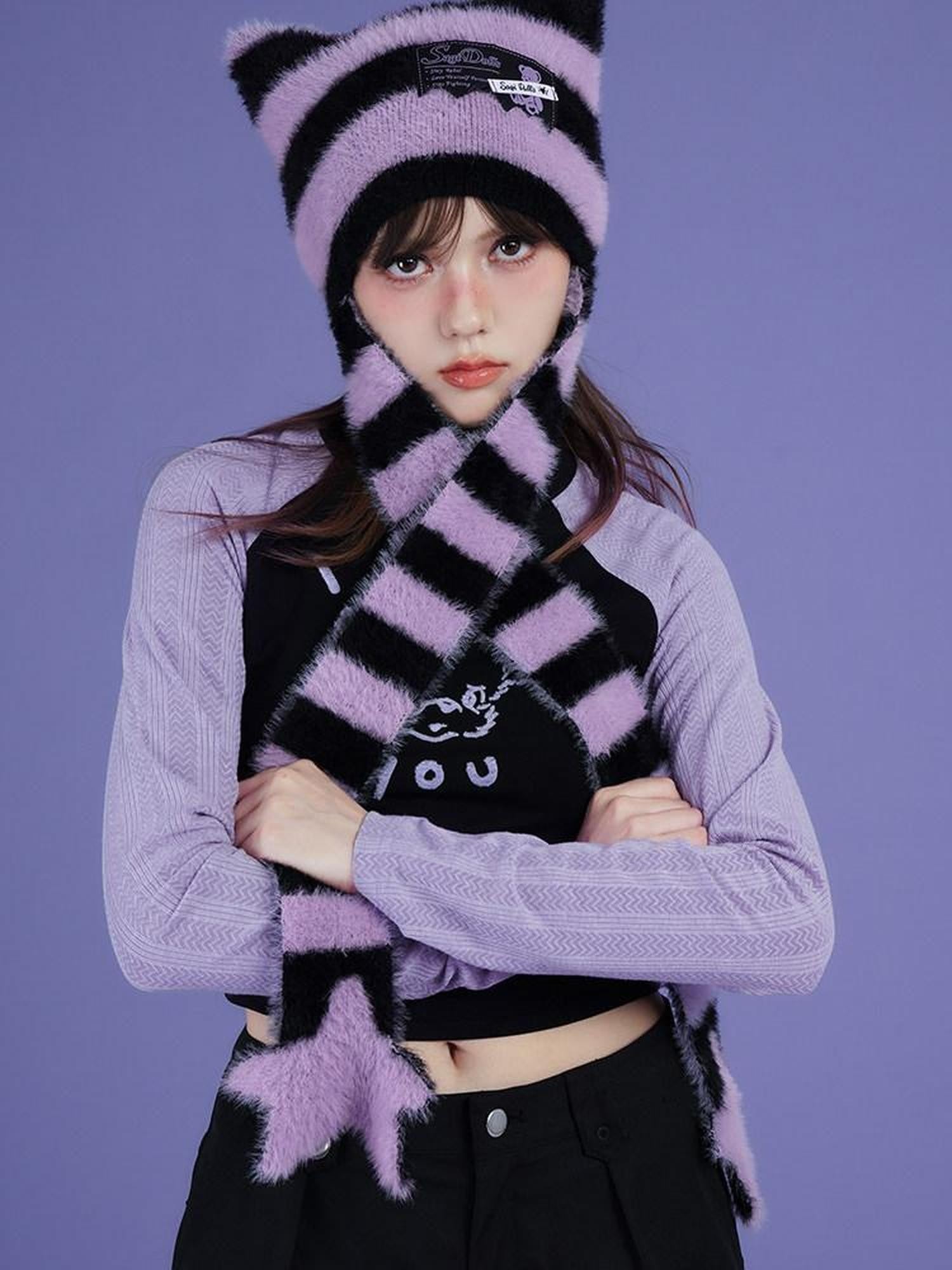 SagiDolls Black Purple Striped Star Knit Scarf Warm Women's Nylon Beanies