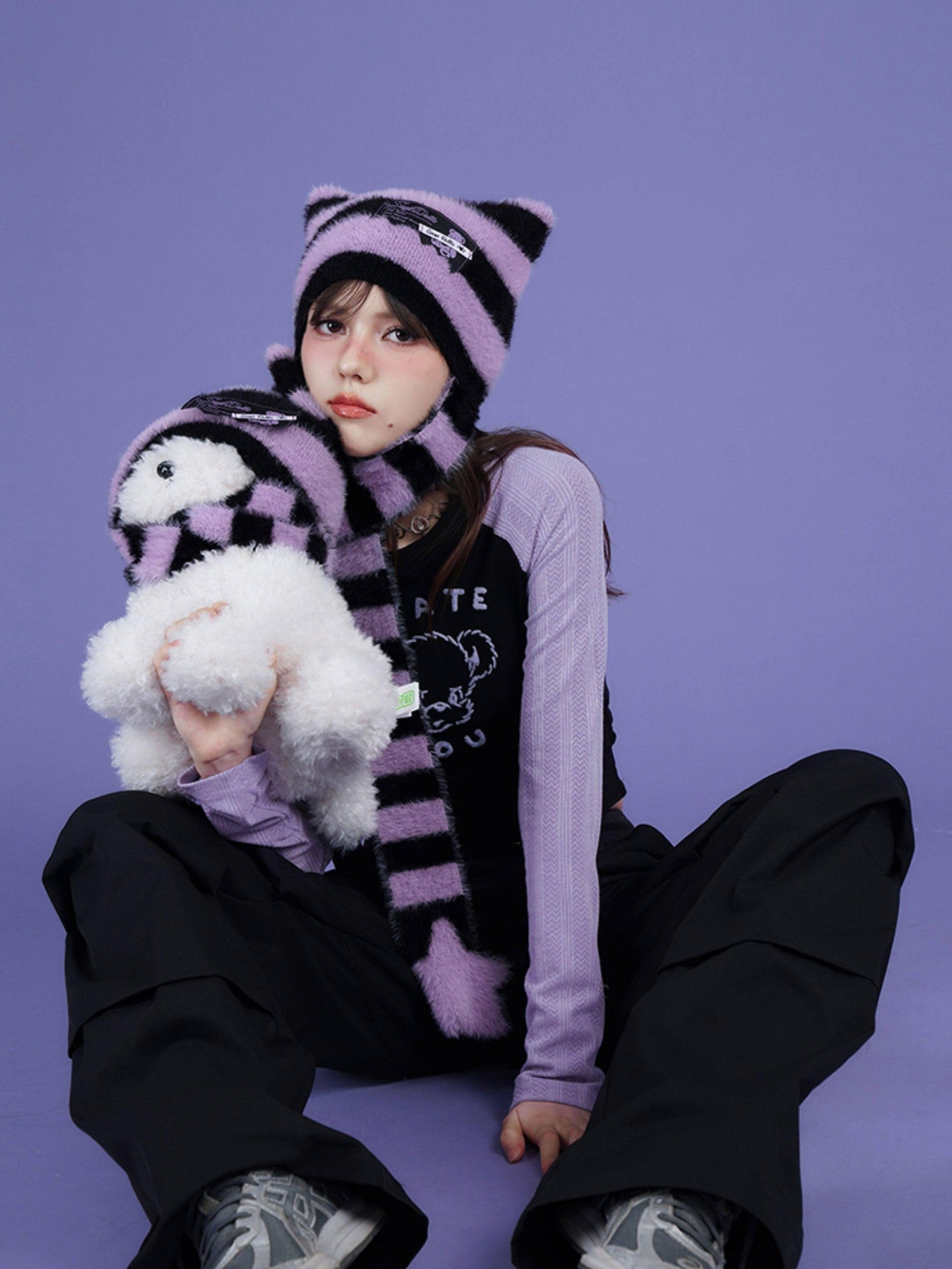SagiDolls Black Purple Striped Star Knit Scarf Warm Women's Nylon Beanies
