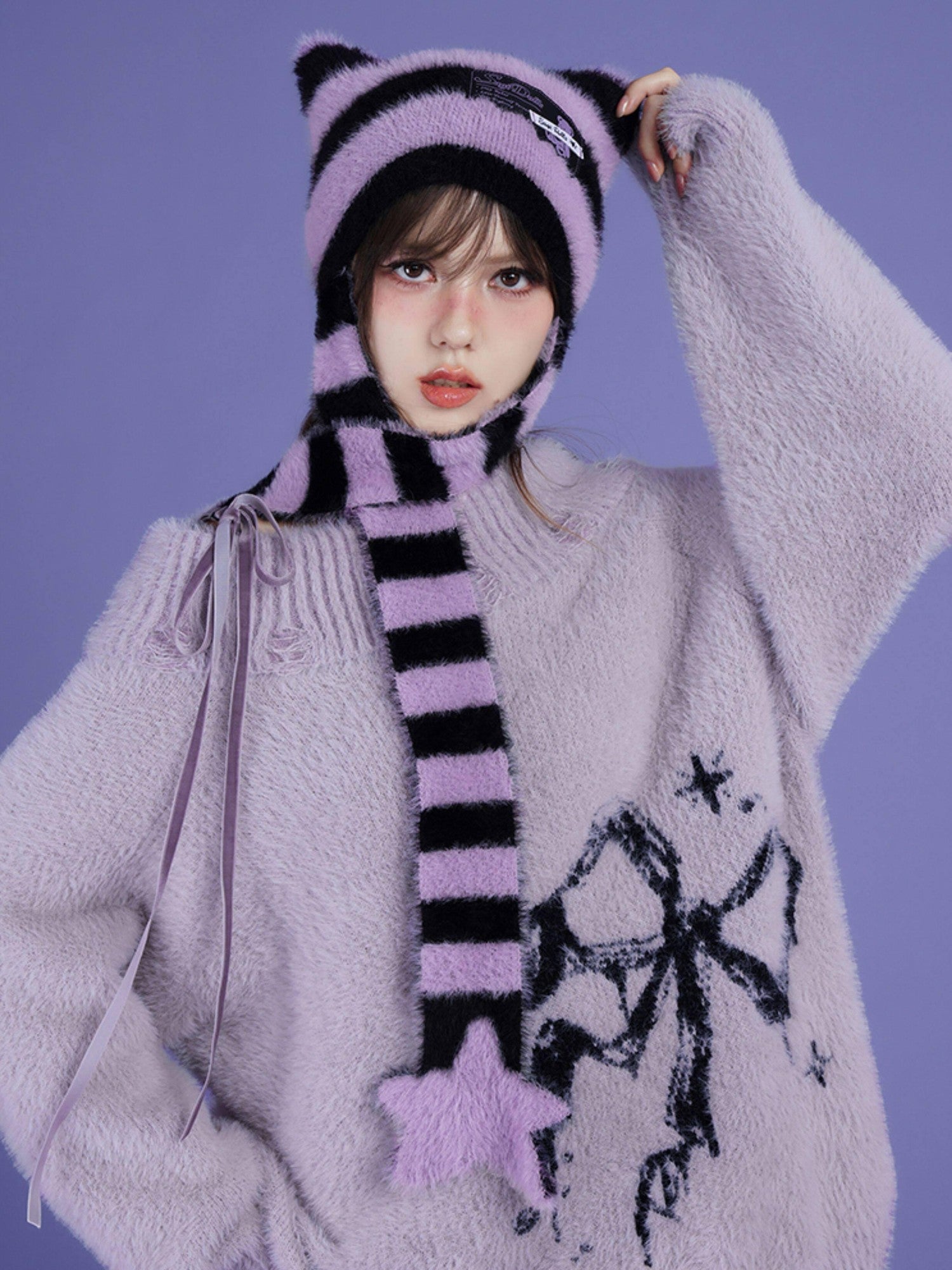 SagiDolls Black Purple Striped Star Knit Scarf Warm Women's Nylon Beanies