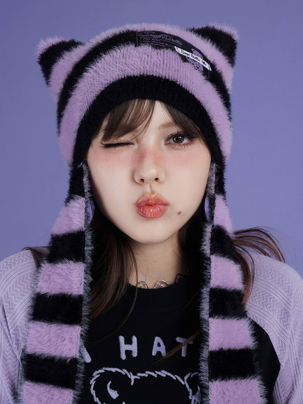 SagiDolls Black Purple Striped Star Knit Scarf Warm Women's Nylon Beanies