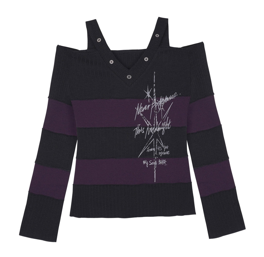 SagiDolls_Black_Purple_Striped_V-neck_Bell_Sleeve_Women's_Knit_Off-shoulder_T-shirts_1018623849937_MISSTT