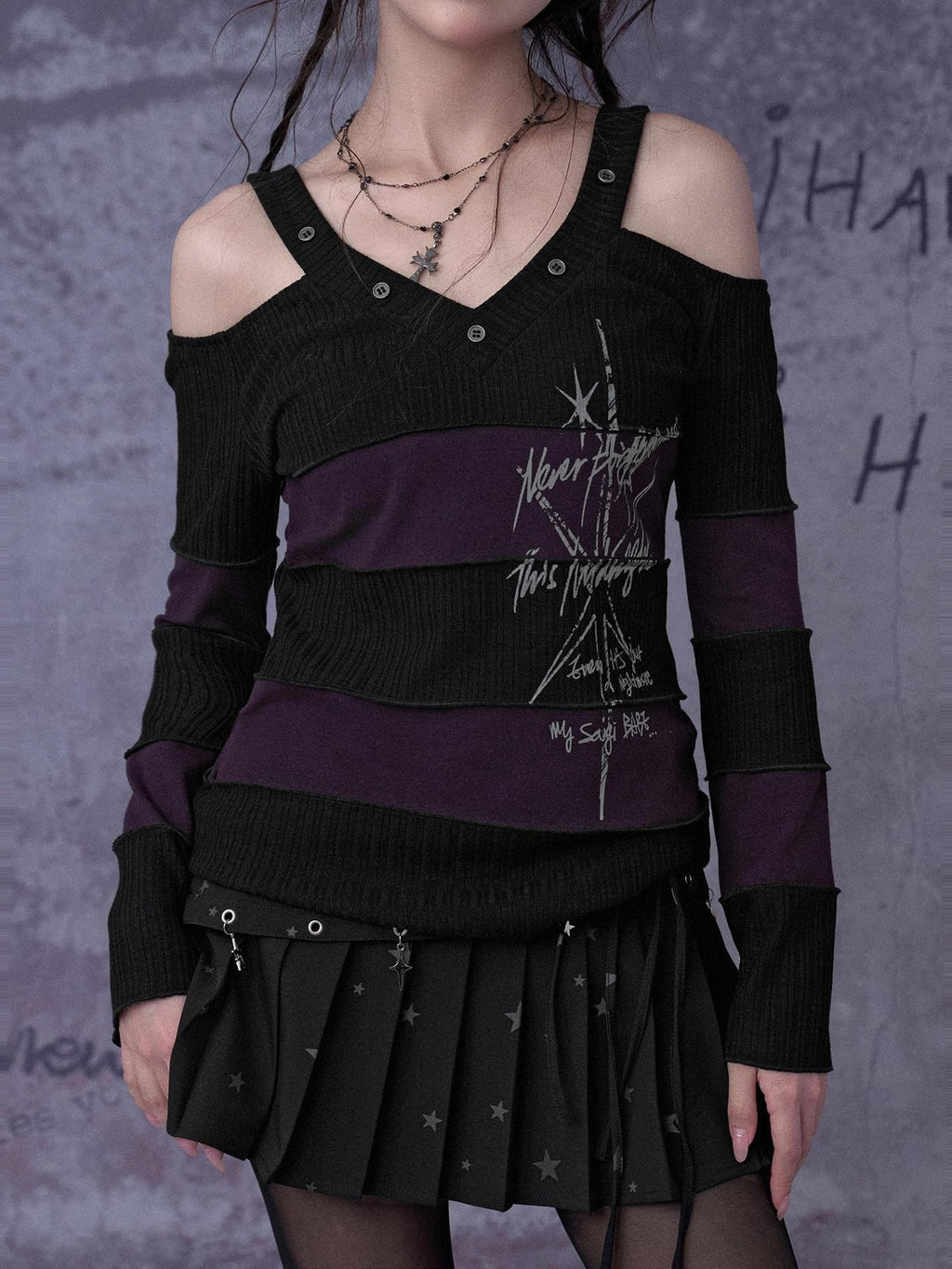 SagiDolls Black Purple Striped V-neck Bell Sleeve Women's Knit Off-shoulder T-shirts