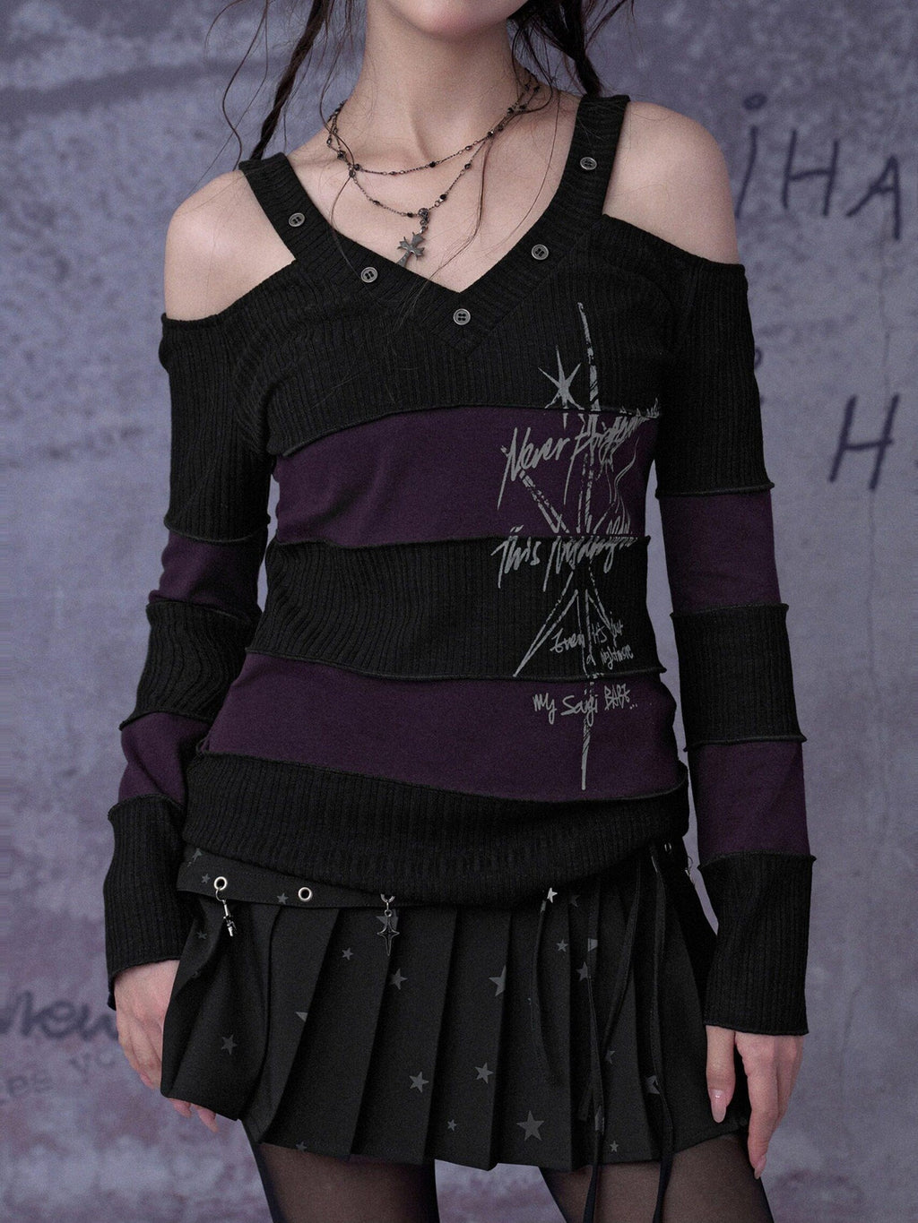 SagiDolls Black Purple Striped V-neck Bell Sleeve Women's Knit Off-shoulder T-shirts