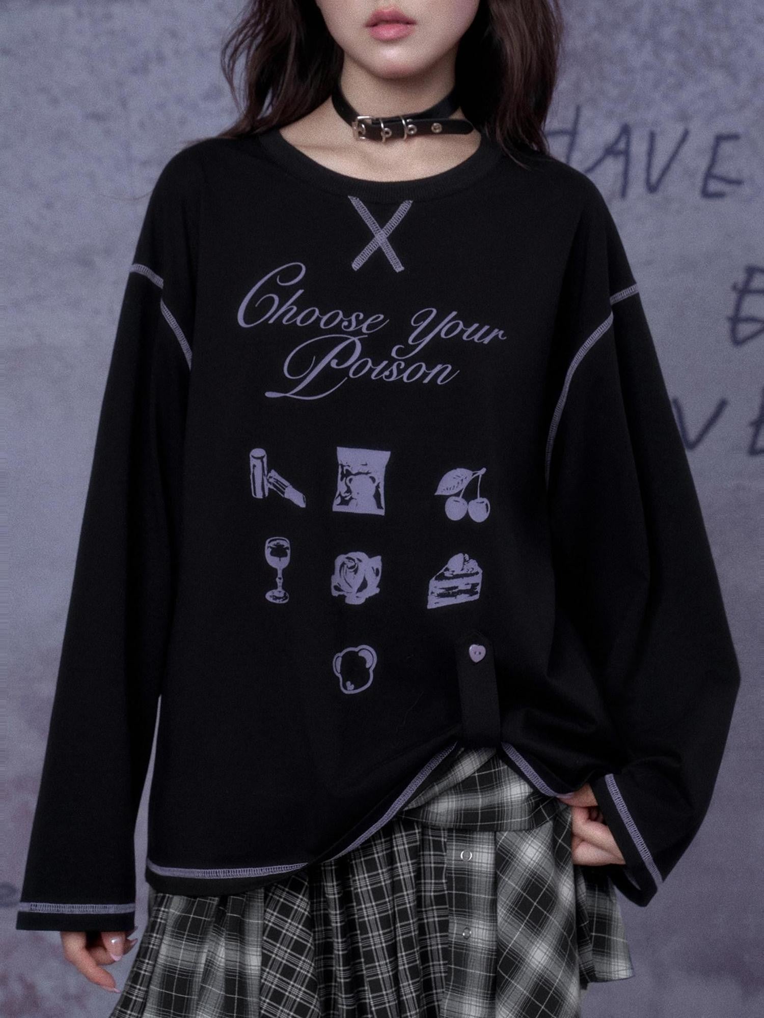 SagiDolls Black Purple Witch Poison Print Dark Gothic Women's Cotton Long Sleeve T-shirts