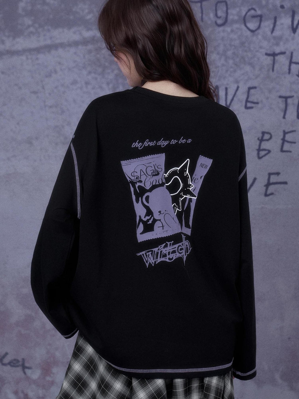 SagiDolls Black Purple Witch Poison Print Dark Gothic Women's Cotton Long Sleeve T-shirts