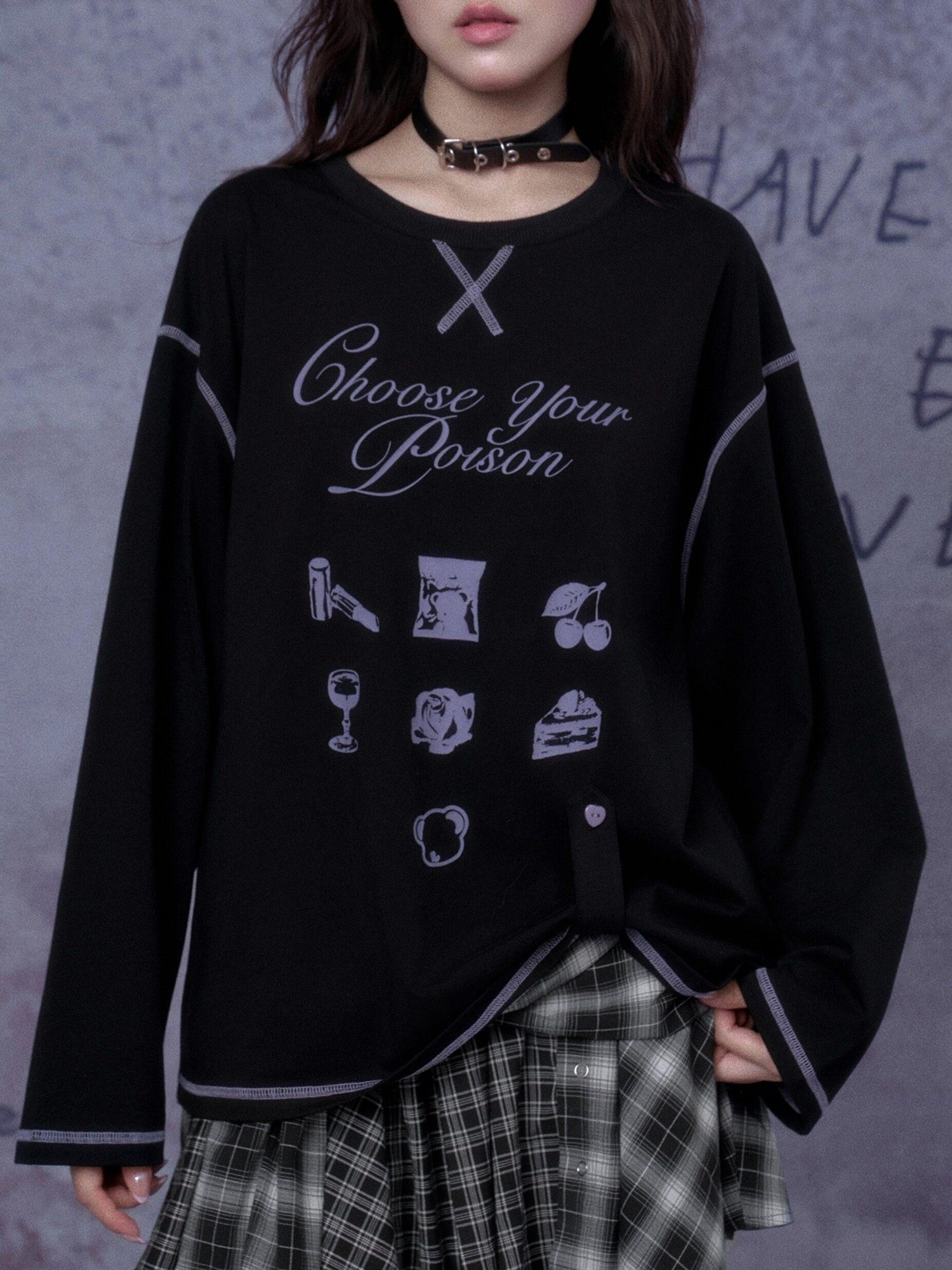 SagiDolls Black Purple Witch Poison Print Dark Gothic Women's Cotton Long Sleeve T-shirts