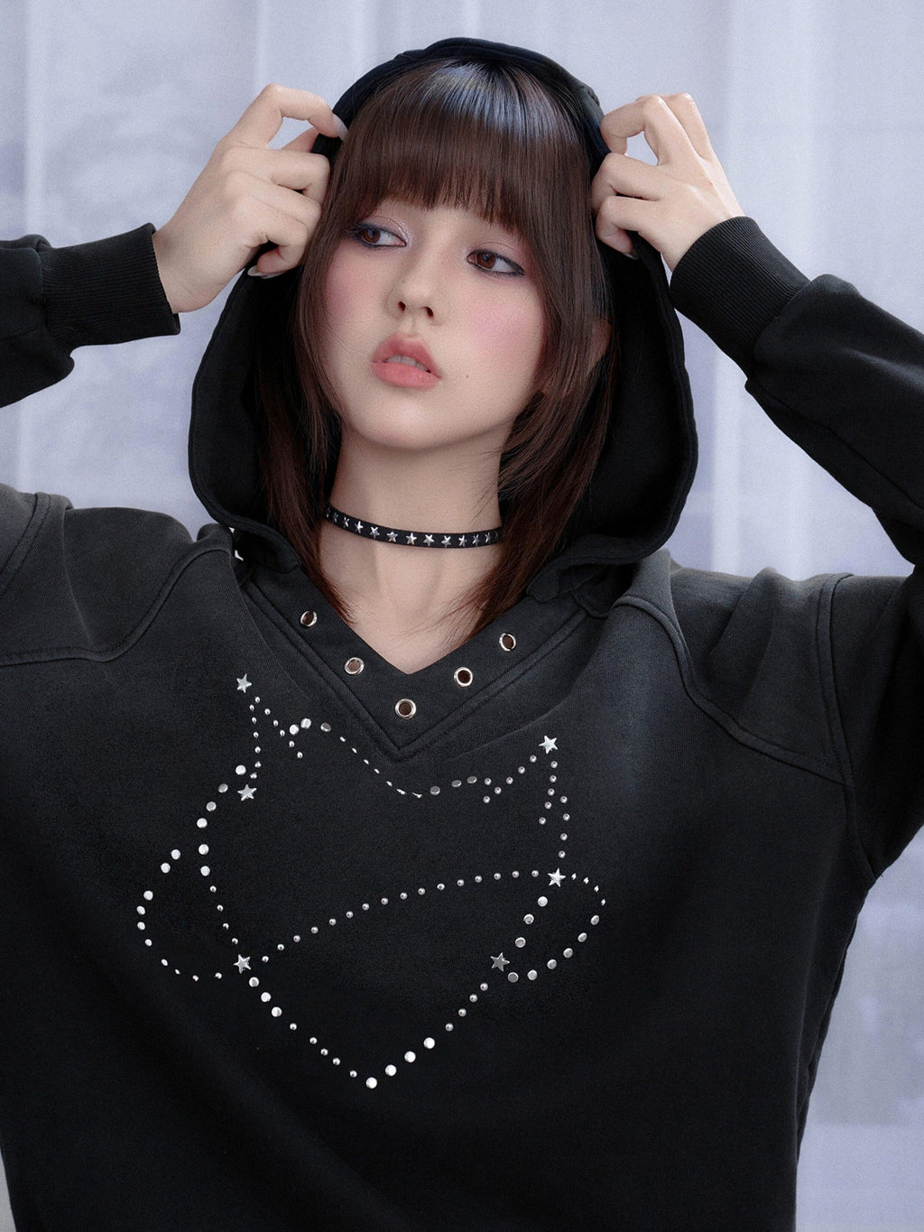 SagiDolls Black Rhinestone Heart 3d Embellished Hooded Women's Organic Cotton Sweatshirts