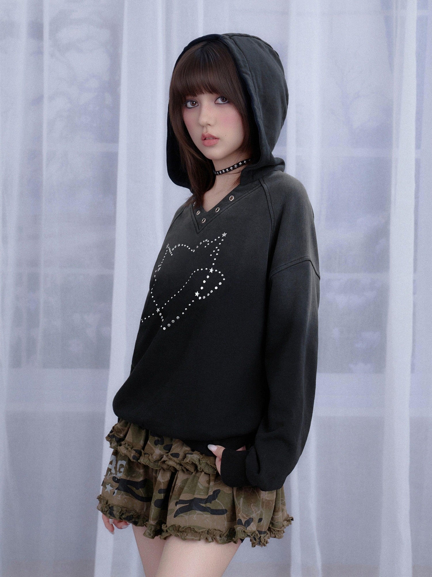 SagiDolls Black Rhinestone Heart 3d Embellished Hooded Women's Organic Cotton Sweatshirts