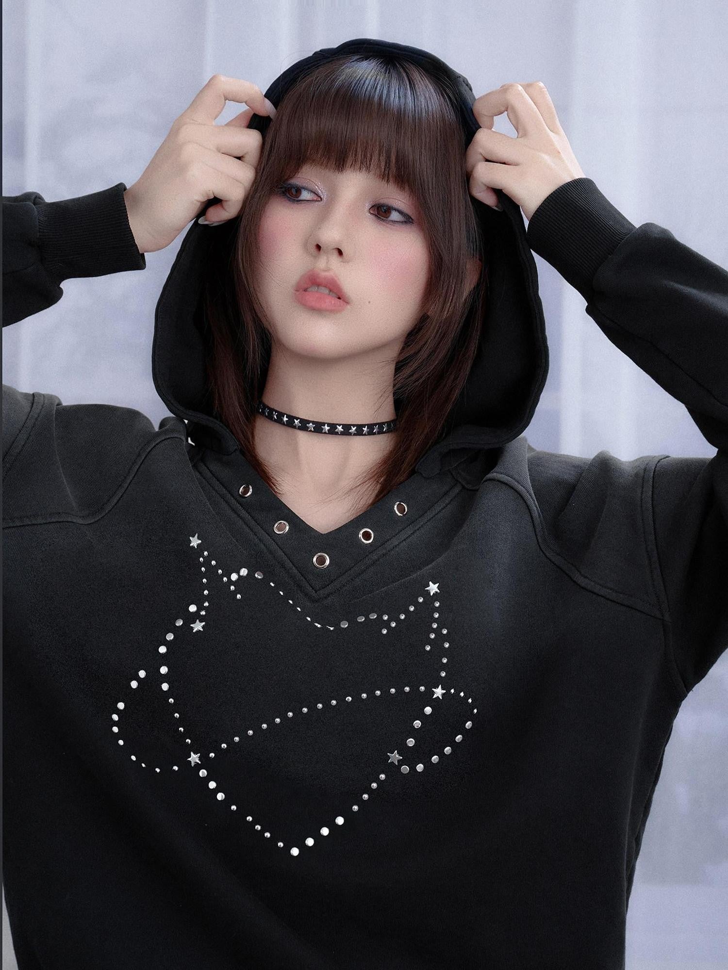 SagiDolls Black Rhinestone Heart 3d Embellished Hooded Women's Organic Cotton Sweatshirts