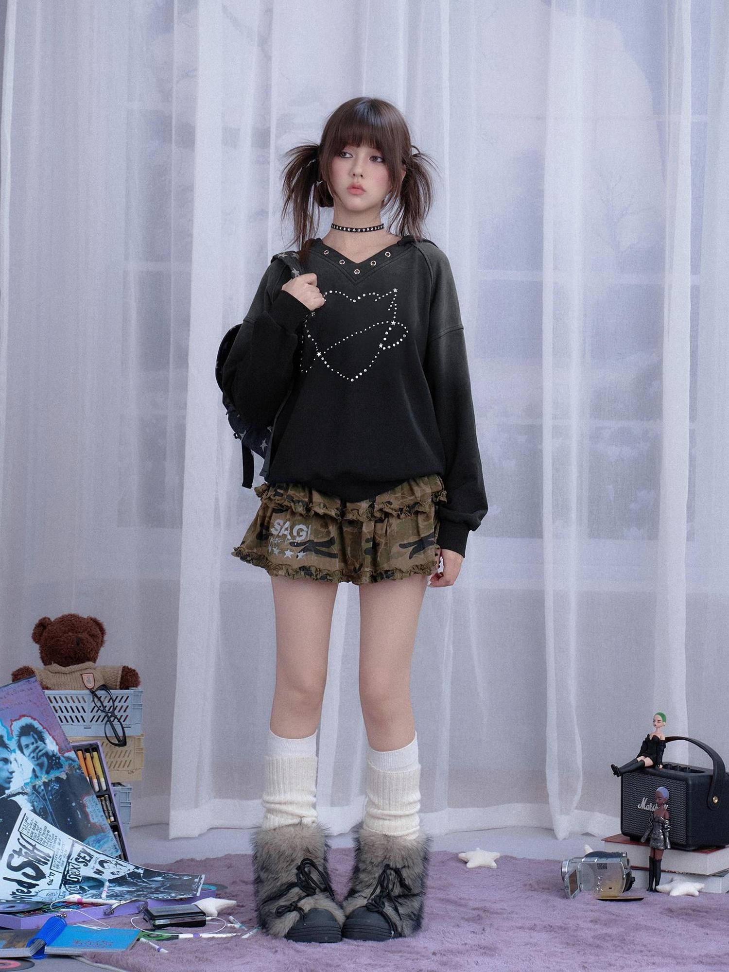 SagiDolls Black Rhinestone Heart 3d Embellished Hooded Women's Organic Cotton Sweatshirts