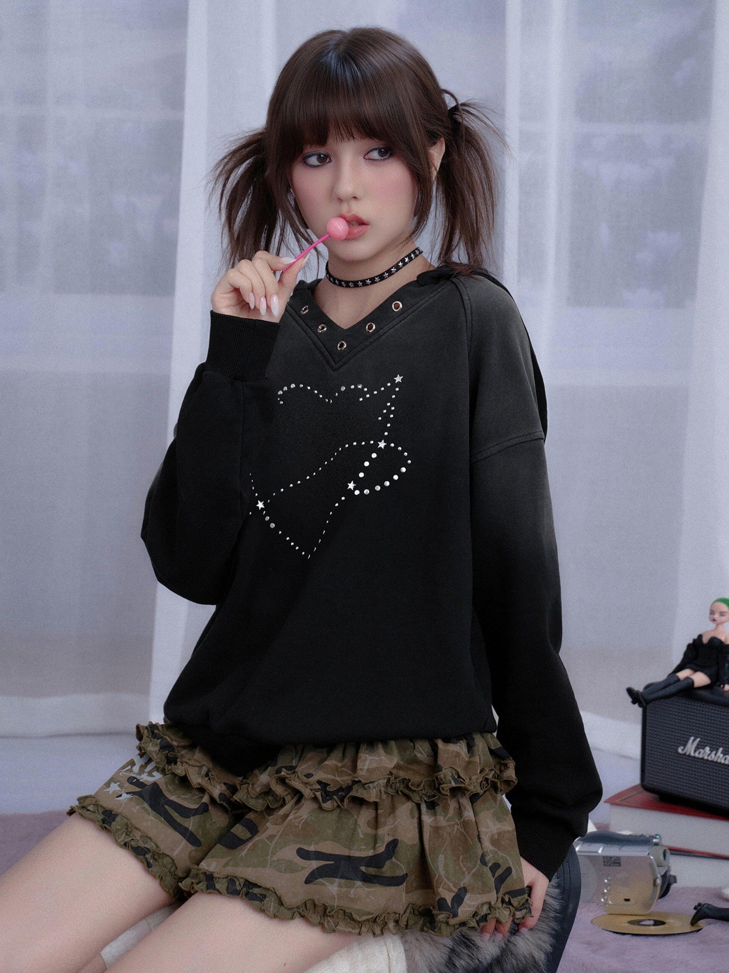 SagiDolls Black Rhinestone Heart 3d Embellished Hooded Women's Organic Cotton Sweatshirts