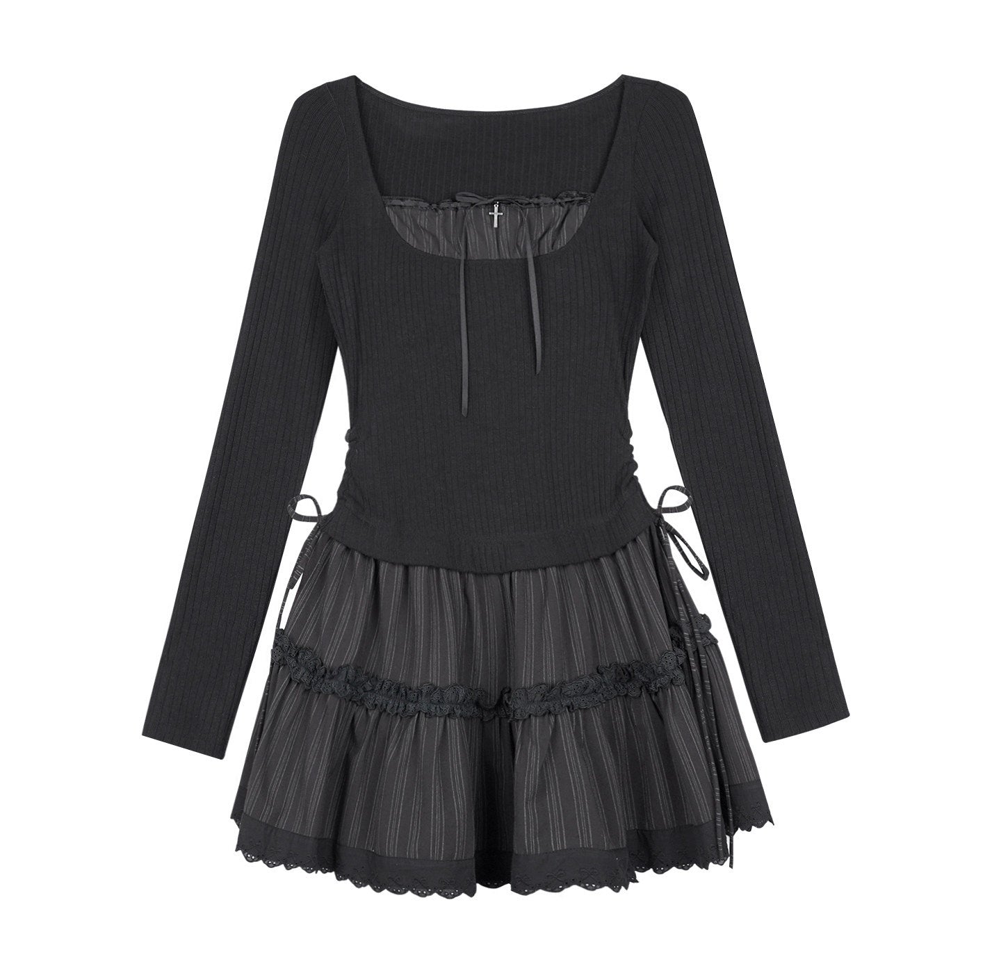 SagiDolls_Black_Ribbon_Square_Neck_Waist_Cinched_Women's_Stretch_Knit_Corset_Mini_Dresses_996496428639_MISSTT
