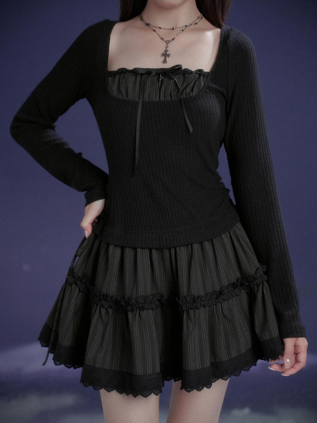 SagiDolls Black Ribbon Square Neck Waist Cinched Women's Stretch Knit Corset Mini Dresses