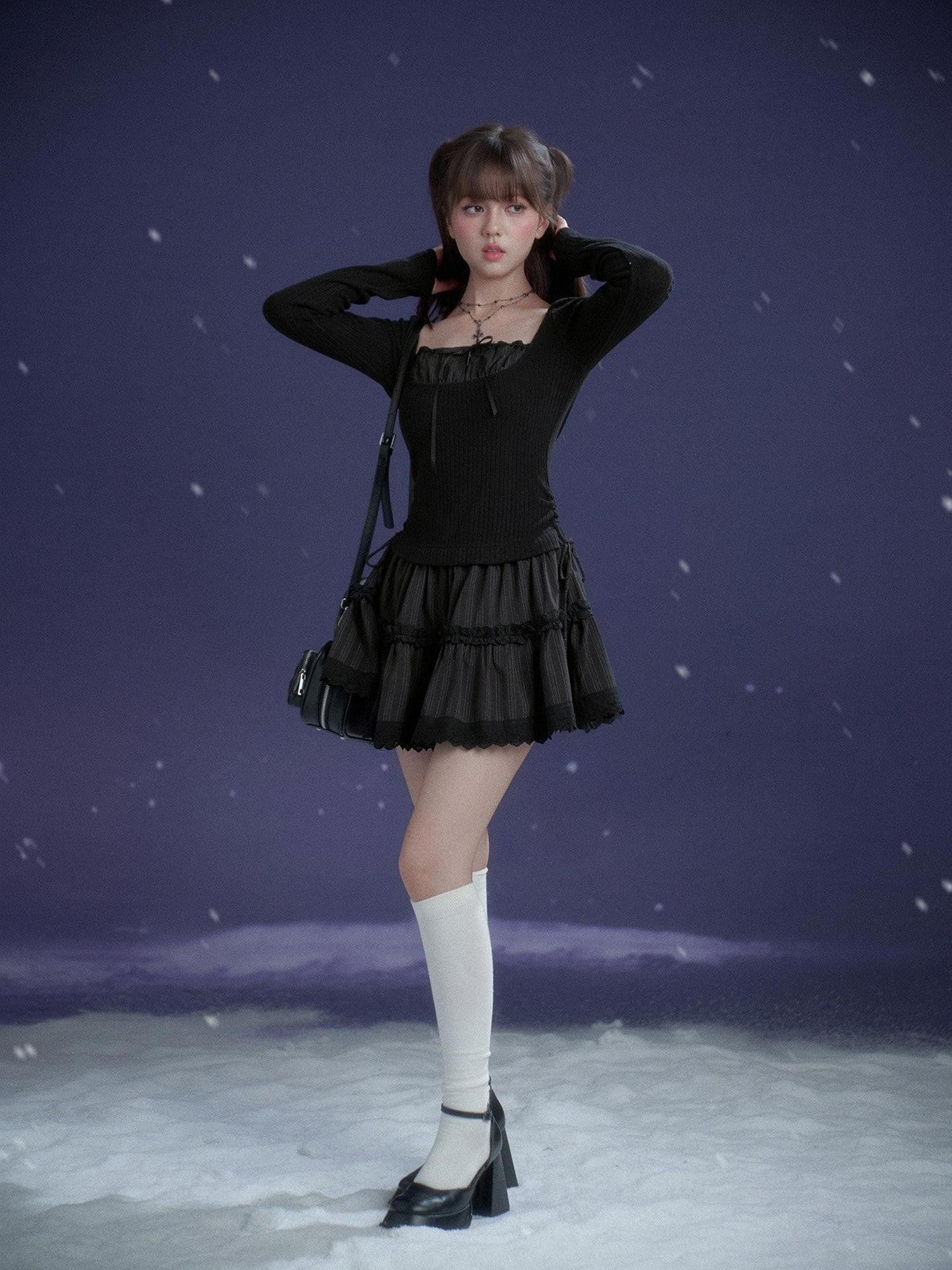 SagiDolls Black Ribbon Square Neck Waist Cinched Women's Stretch Knit Corset Mini Dresses