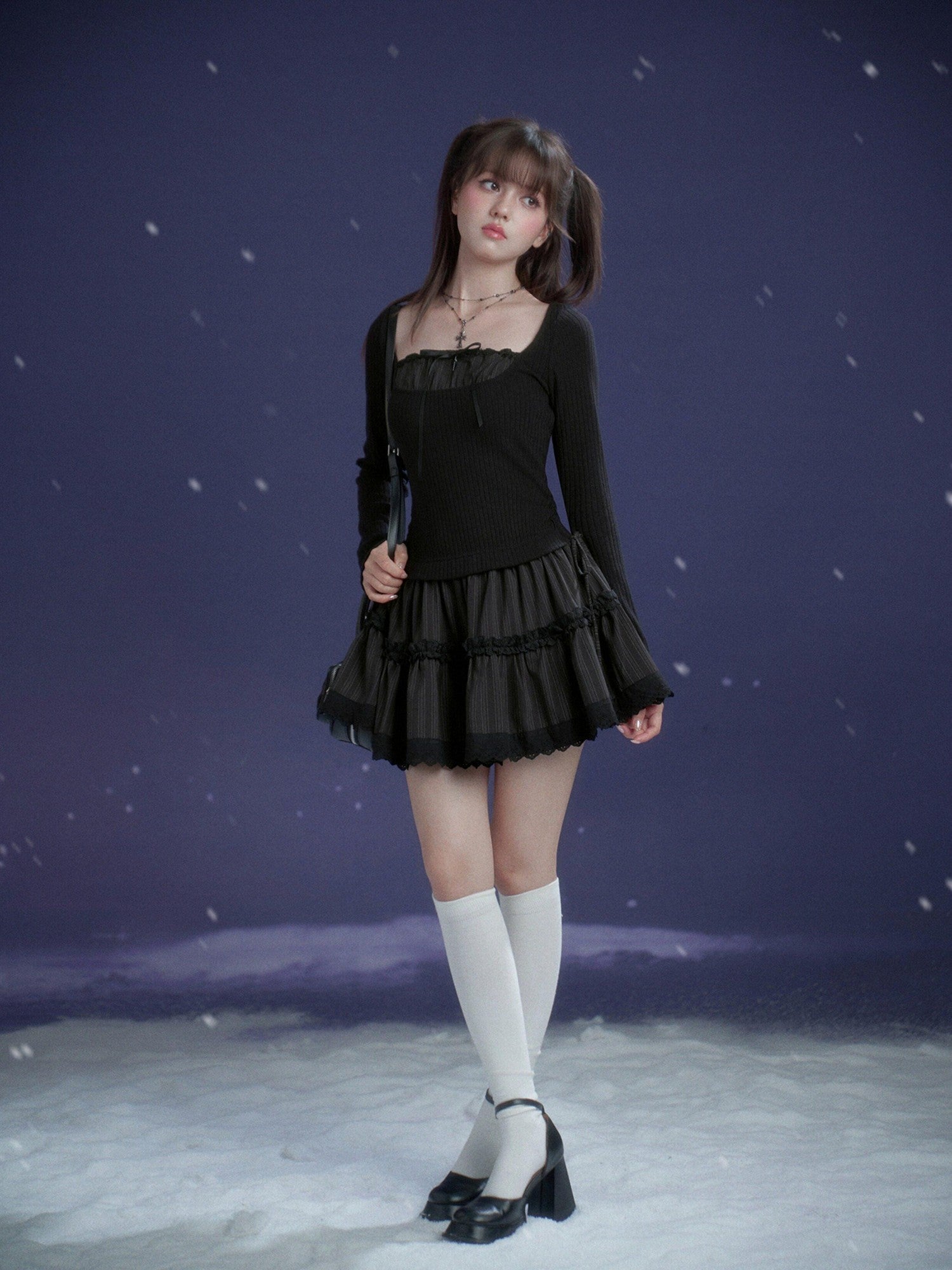 SagiDolls Black Ribbon Square Neck Waist Cinched Women's Stretch Knit Corset Mini Dresses
